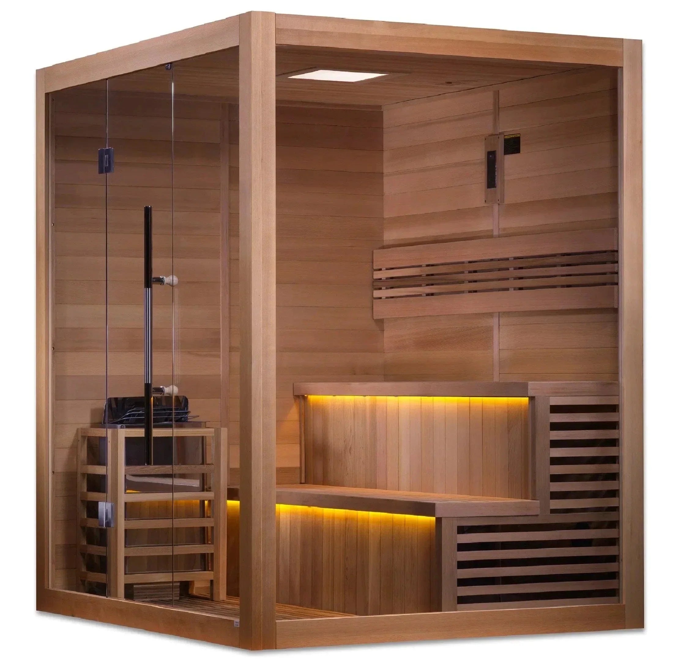 Multi-level Canadian Red Cedar bench seating and traditional stove heater inside the 6-person Golden Designs Kuusamo Edition home sauna.