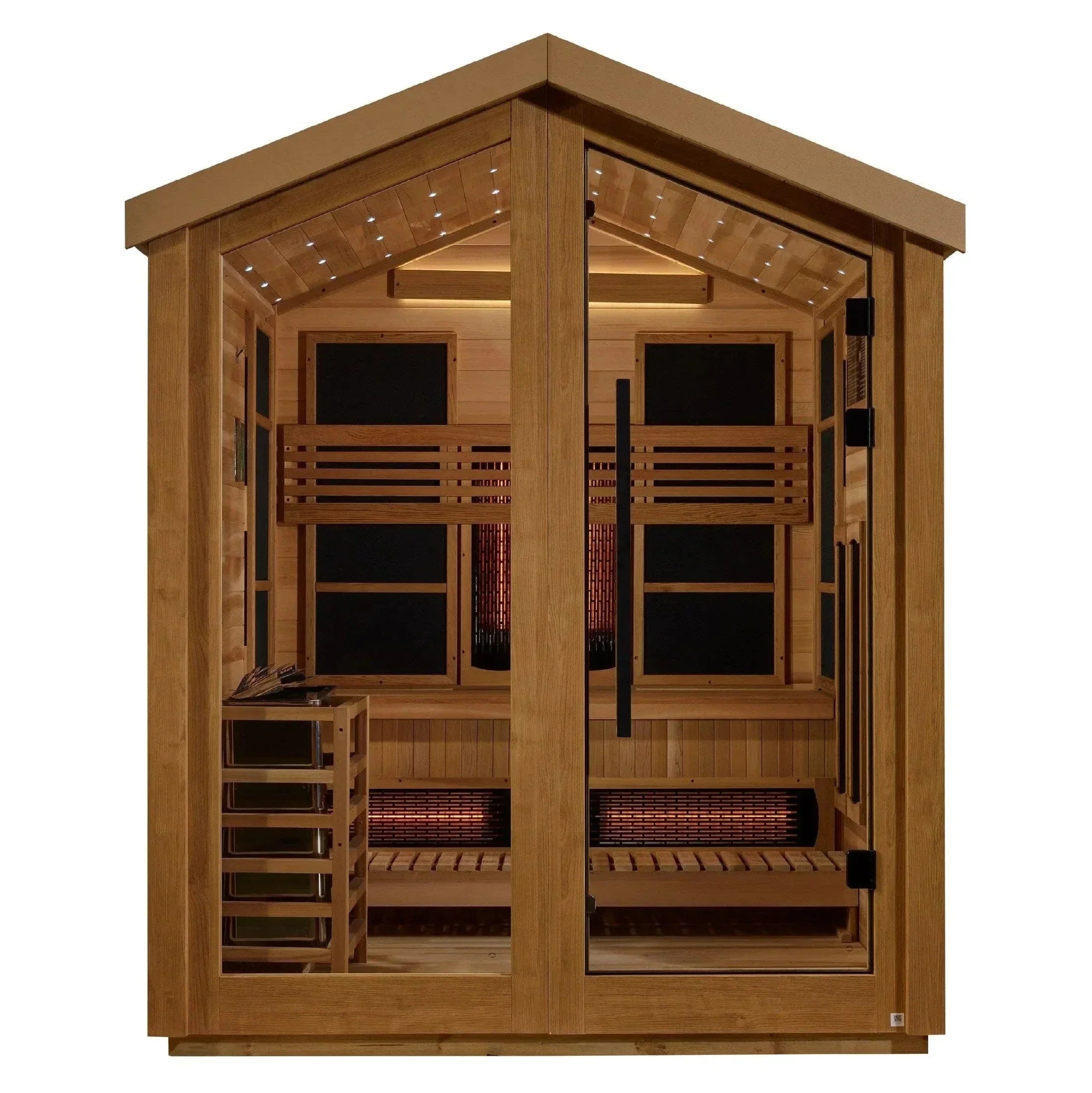 Close-up of the traditional stove heater with authentic sauna rocks inside the Golden Designs Hanko Edition indoor home sauna.