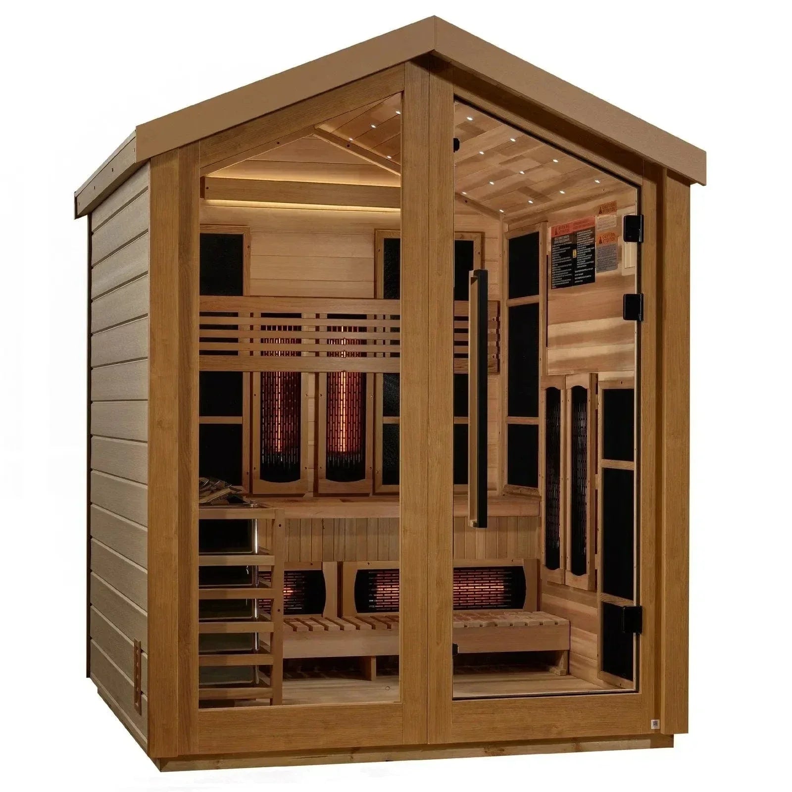 Interior layout of the Golden Designs Hanko traditional sauna showcasing the rich grain of the 100% natural Canadian Red Cedar wood lining.