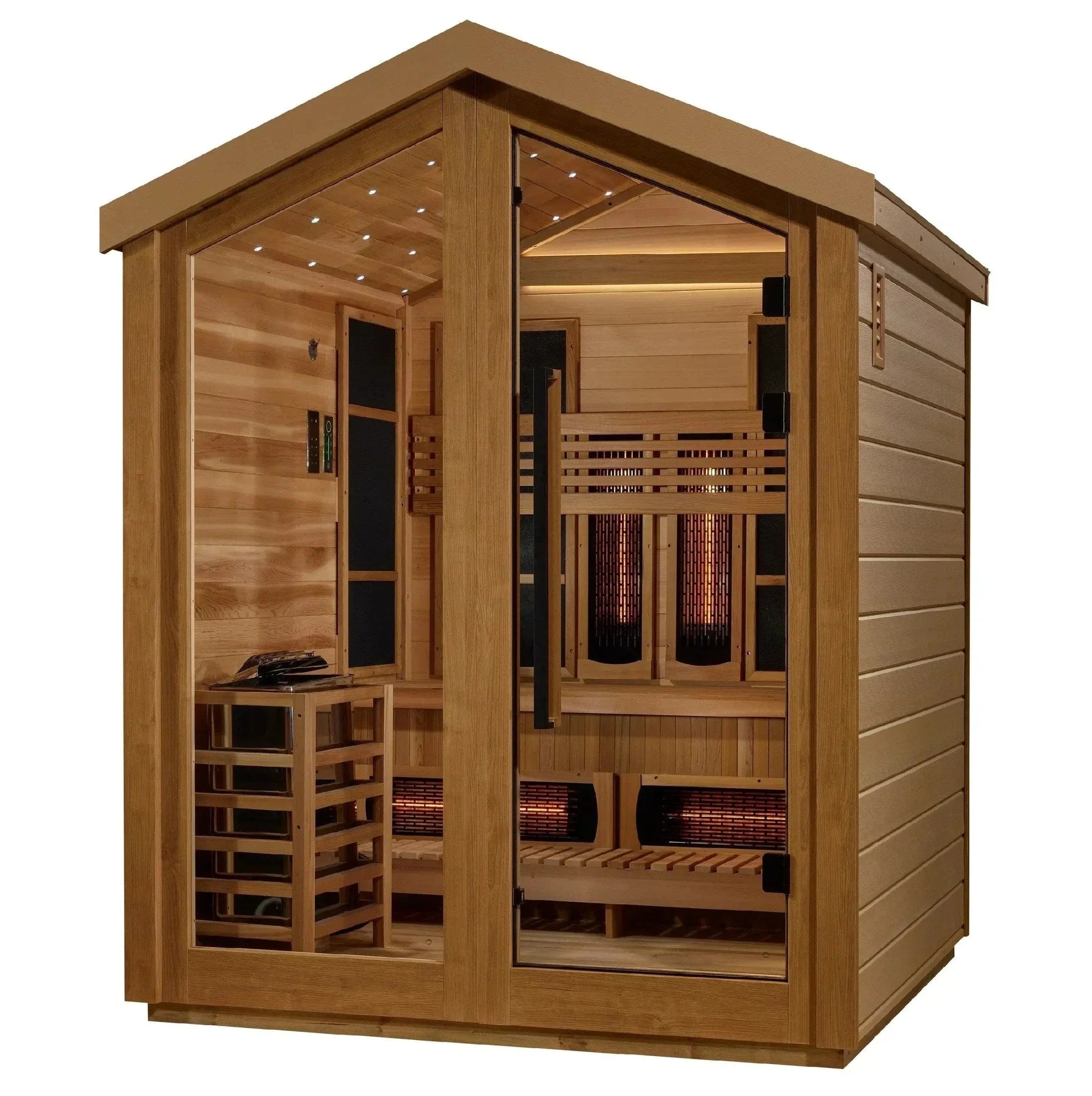 Golden Designs Hanko Edition GDI-7202-01 2-person indoor traditional sauna cabin featuring a premium Canadian Hemlock wood exterior.