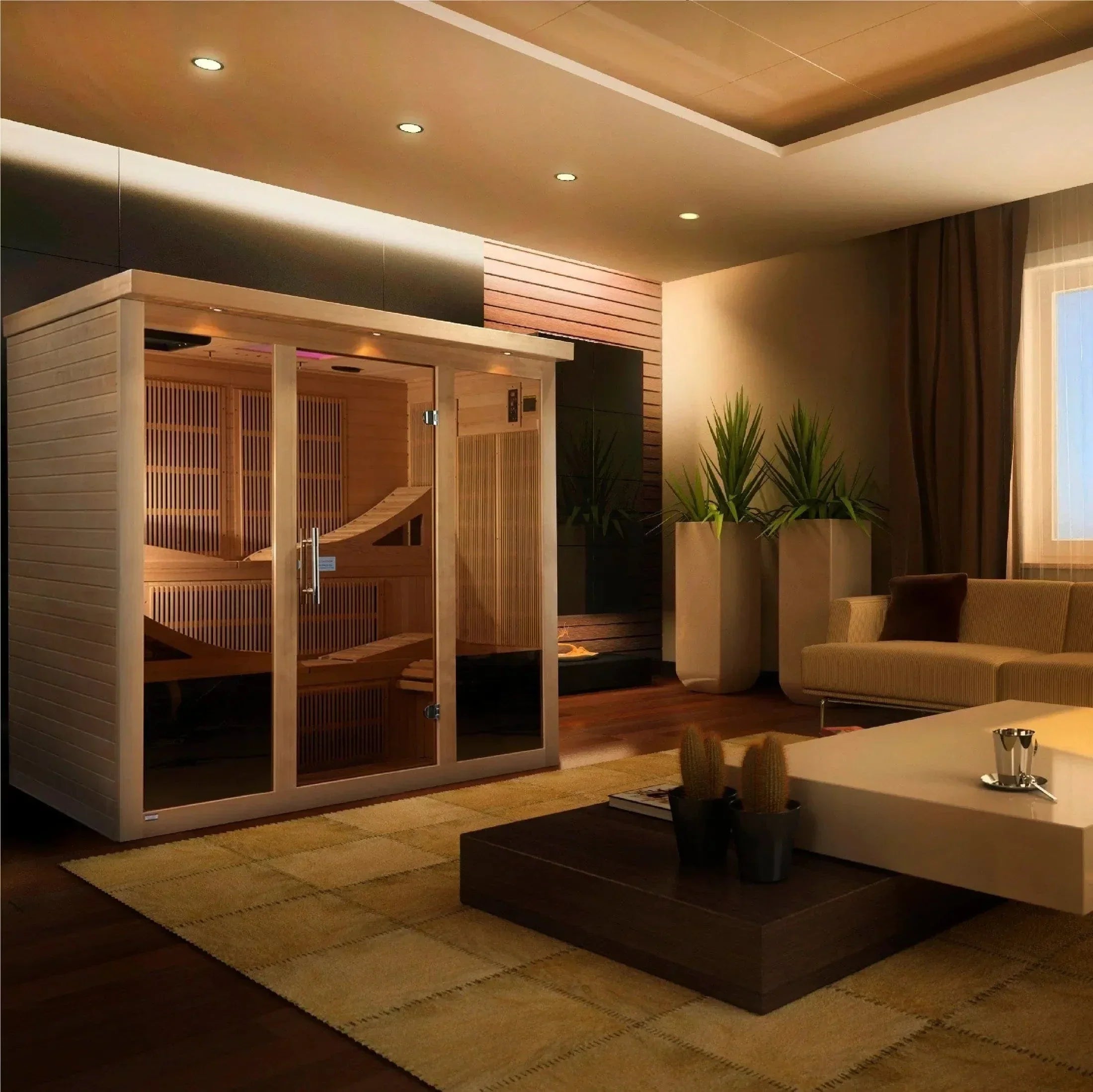 Golden Designs Monaco 6-Person PureTech Near Zero EMF FAR Infrared Sauna made from Canadian Hemlock wood for premium home spa relaxation and wellness therapy