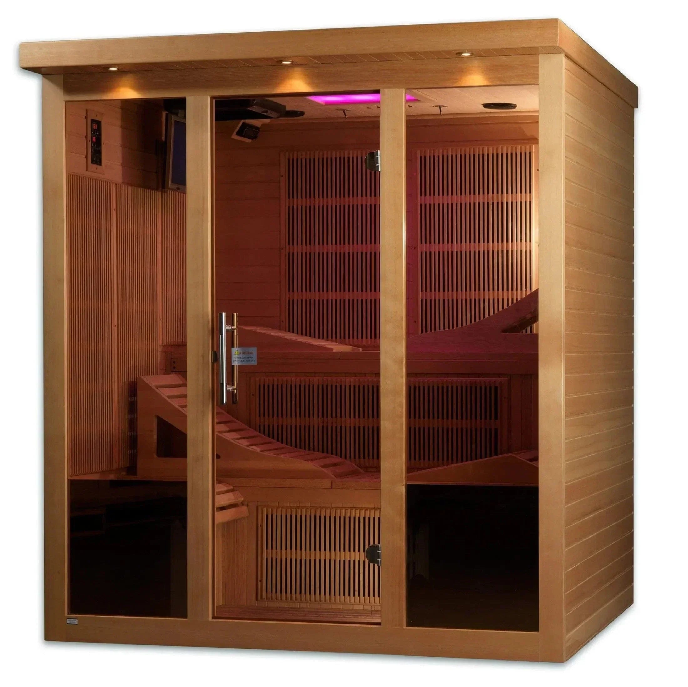 Close-up view of the interior wall featuring advanced PureTech Near Zero EMF FAR infrared heating panels in a Golden Designs Monaco sauna.