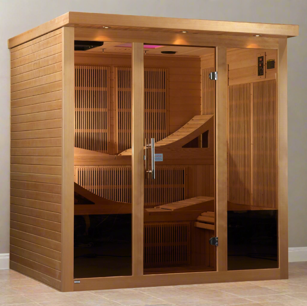 Spacious 6-person Golden Designs Monaco FAR infrared sauna with PureTech near zero EMF heating system and natural Canadian Hemlock wood interior for home spa comfort