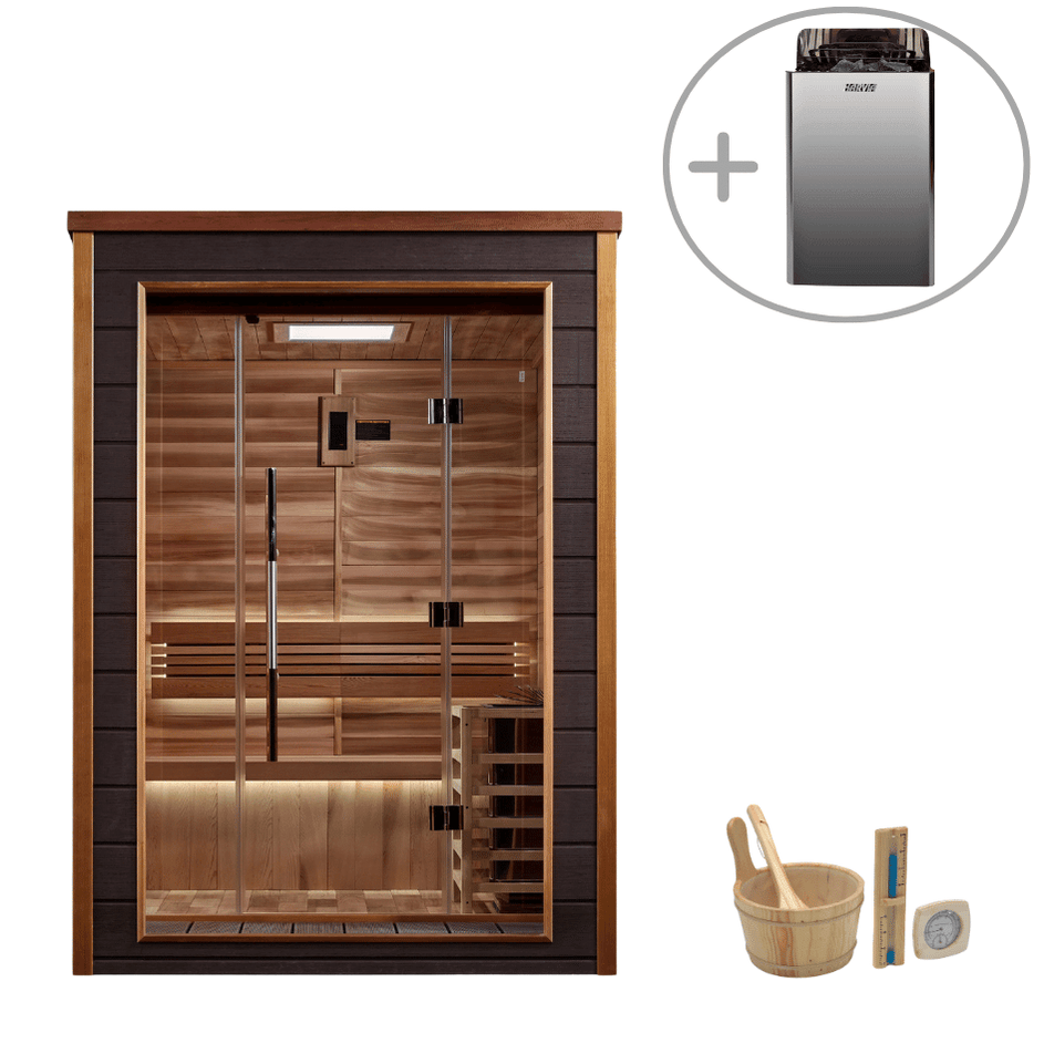 Outdoor 2 person traditional sauna Golden Designs Narvik GDI-8202-01 Scandinavian style cedar wood wellness cabin designed for home relaxation and stress relief