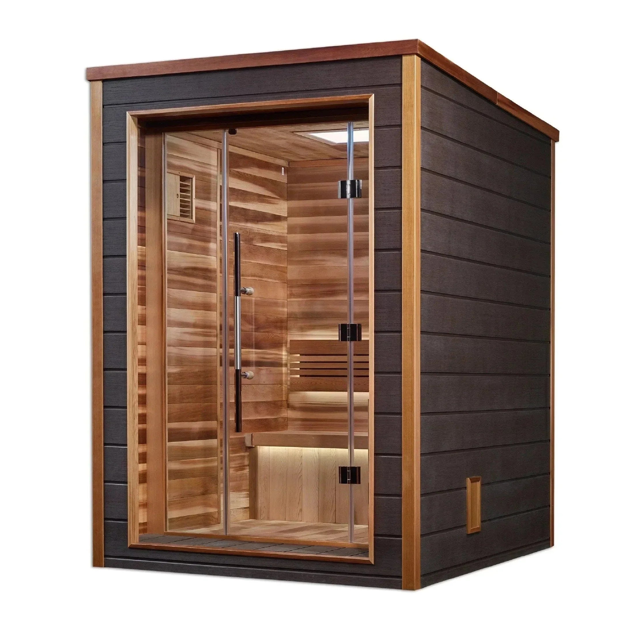 2 person outdoor traditional sauna Golden Designs Narvik GDI-8202-01 featuring Scandinavian cedar wood cabin construction for luxury home wellness experience