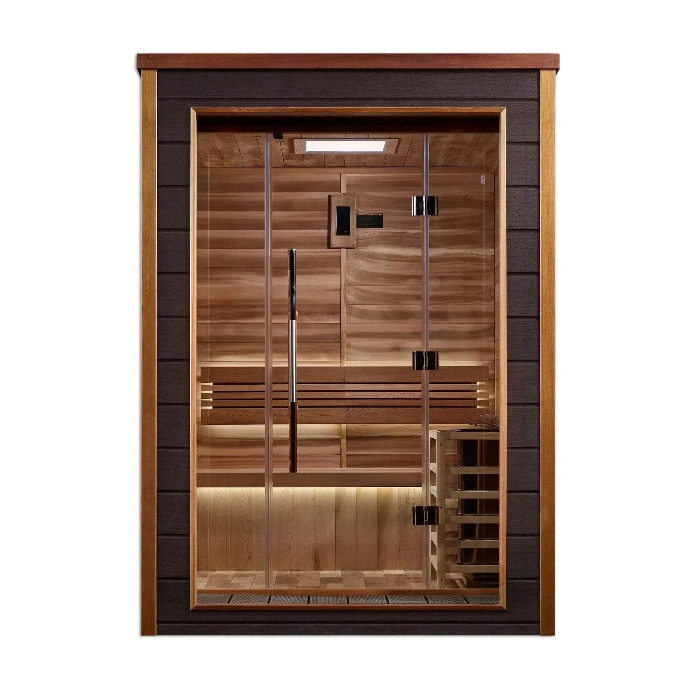 Golden Designs Narvik 2 Person Outdoor Traditional Sauna GDI-8202-01 made from premium cedar wood with compact backyard design and Harvia heater for home spa relaxation