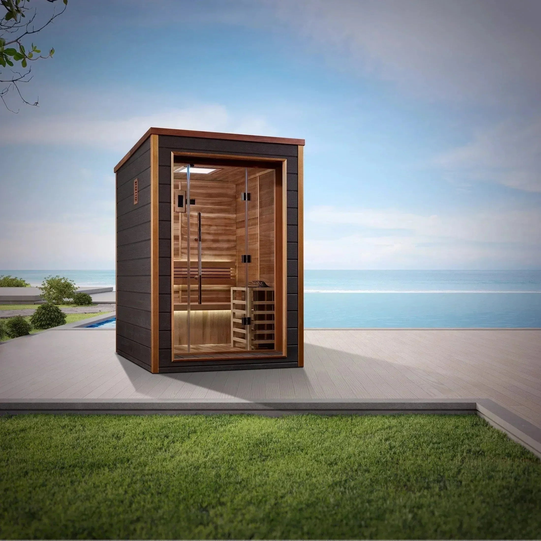 Outdoor traditional sauna for 2 persons Golden Designs Narvik GDI-8202-01 handcrafted cedar wood sauna cabin with modern heating for backyard use