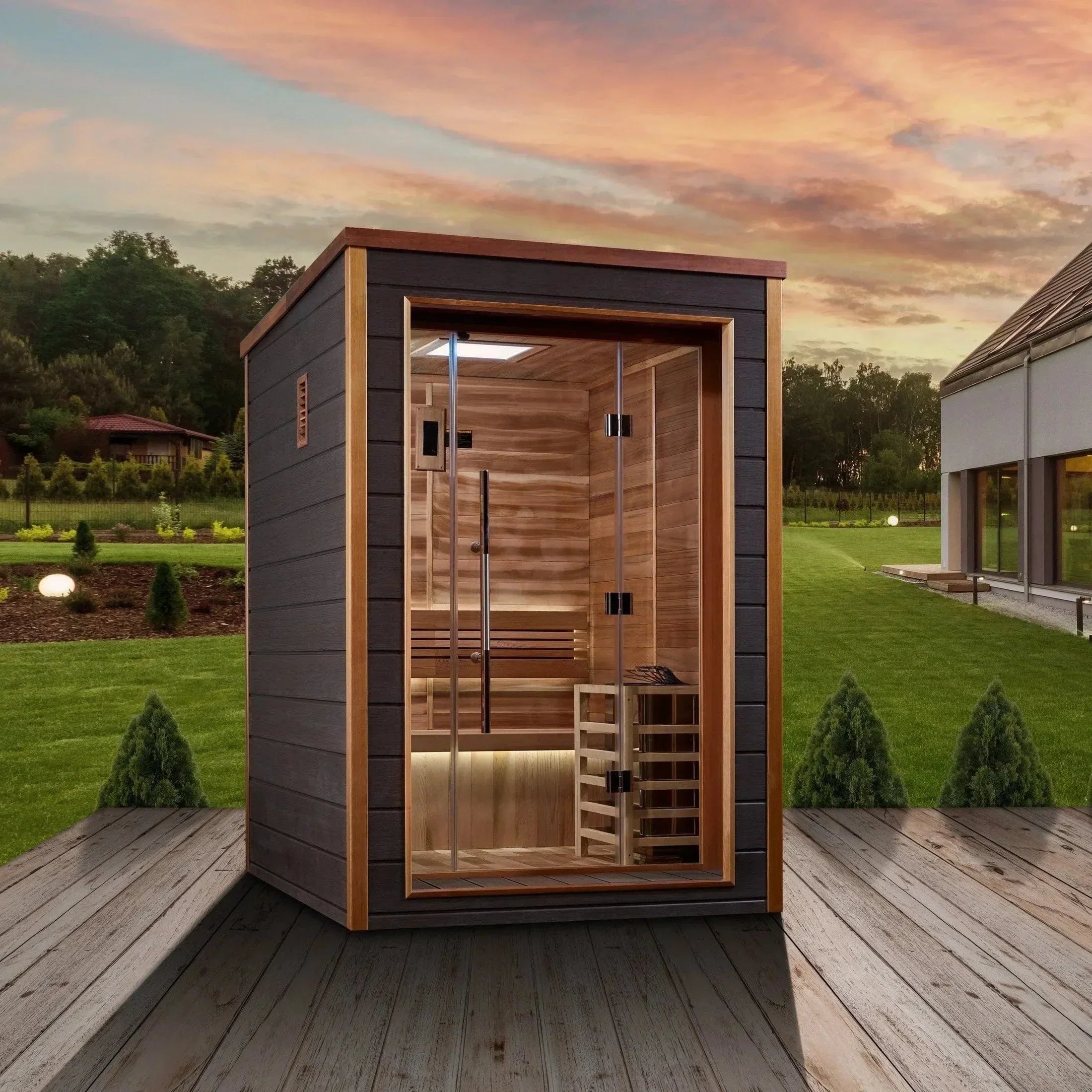 Luxury 2 person outdoor cedar sauna Golden Designs Narvik GDI-8202-01 designed for home spa, relaxation, and premium wellness experience