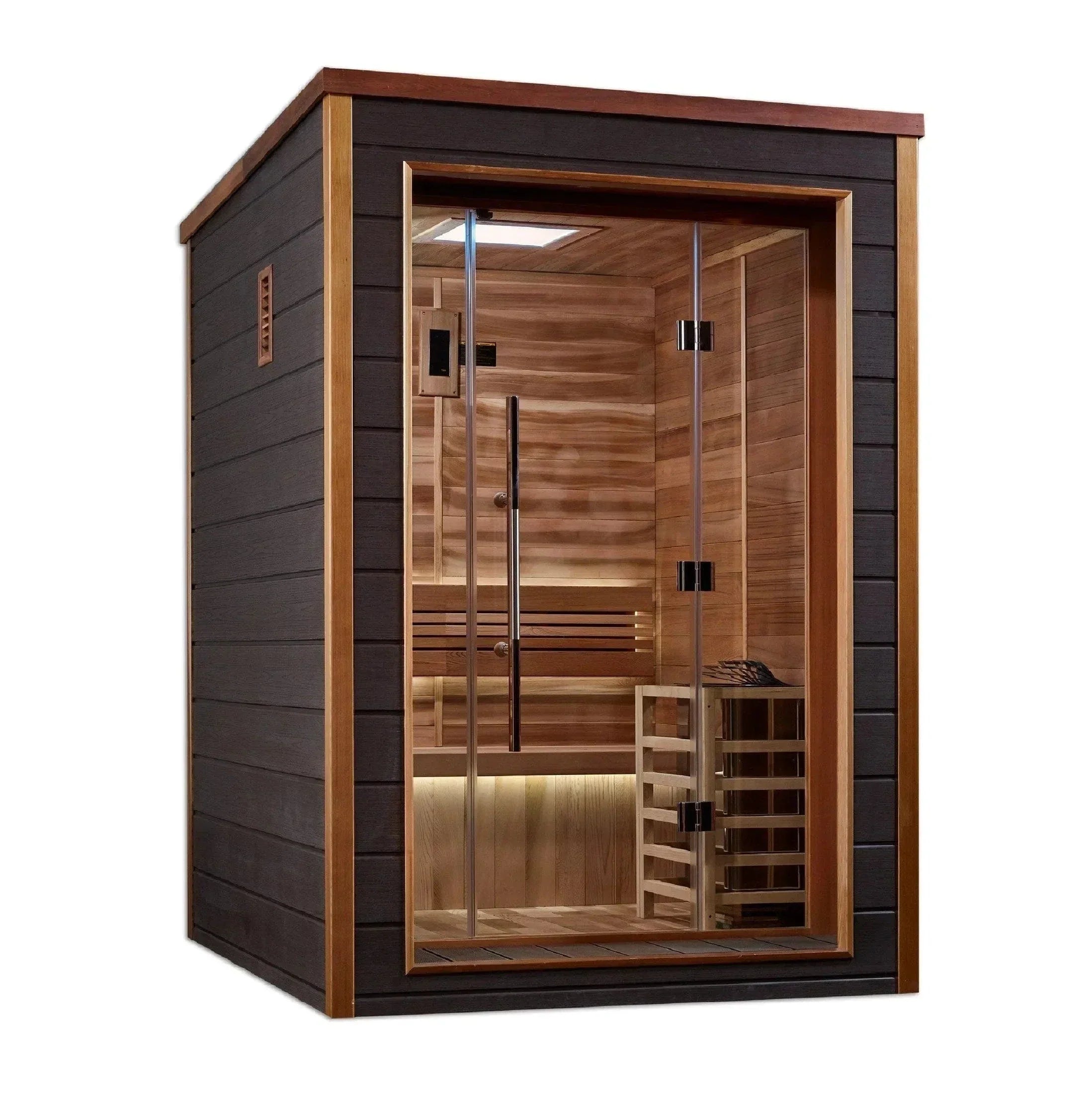 Golden Designs Narvik 2 Person Outdoor Traditional Sauna GDI-8202-01 – compact luxury cedar wood backyard sauna with Harvia heater and modern wellness features for home spa relaxation
