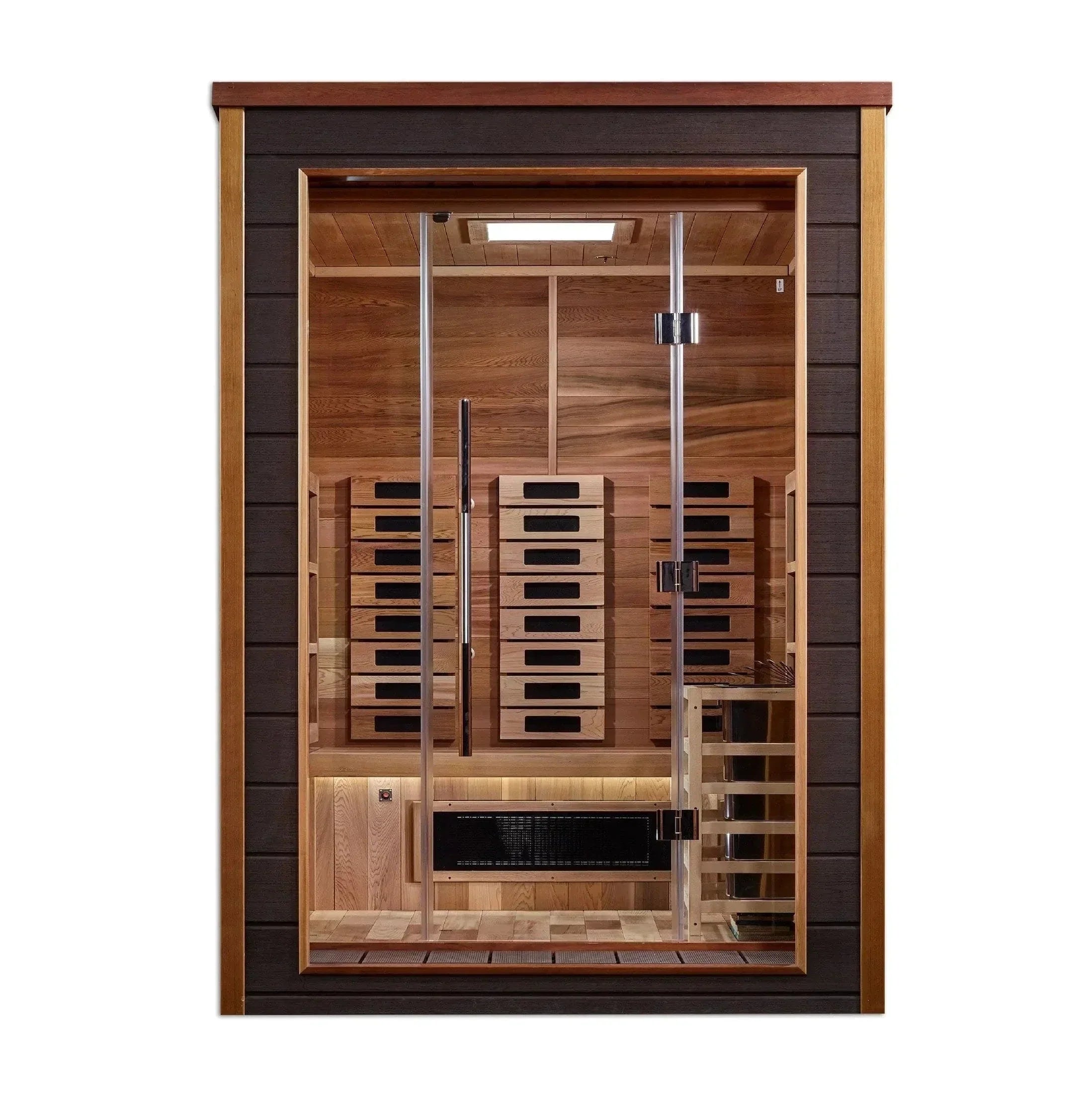 Interior of Golden Designs Nora sauna highlighting the compact dual heating system with PureTech full spectrum infrared panels and a traditional stove.