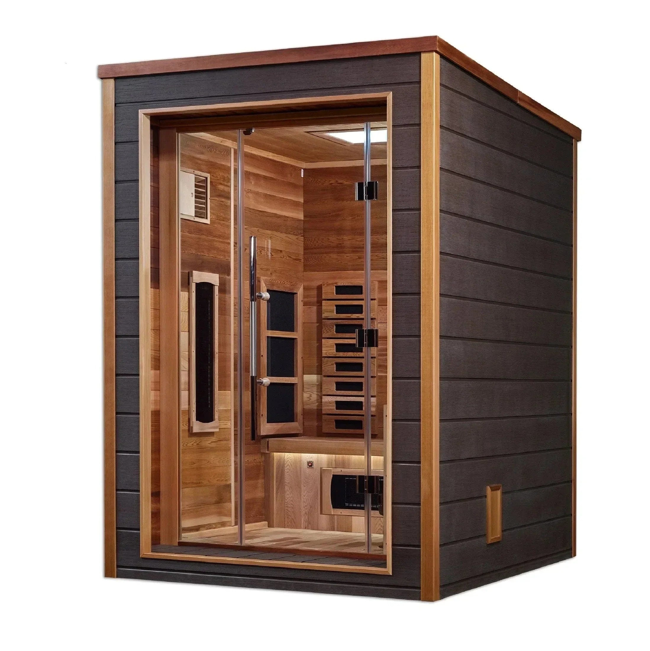 Cozy interior layout of the Golden Designs Nora outdoor hybrid sauna showcasing premium aromatic Canadian Red Cedar wood lining and two-person seating.