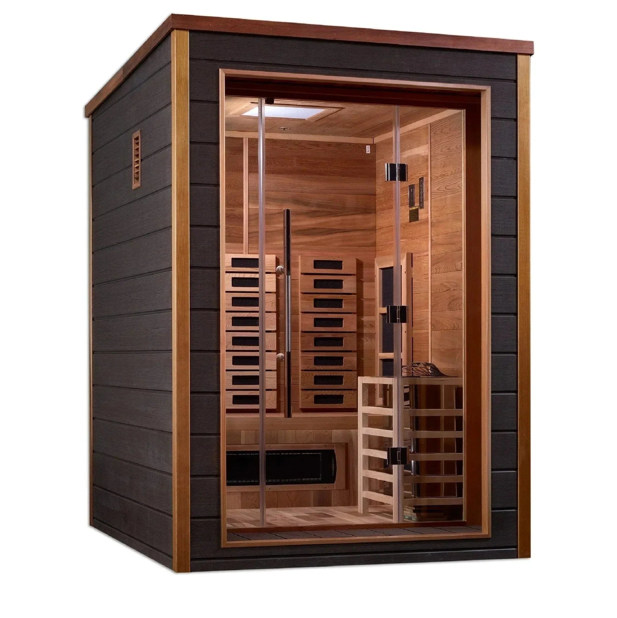 Golden Designs Nora GDI-8222-01 2-person hybrid outdoor sauna cabin featuring a compact all-weather exterior built for premium backyard wellness.
