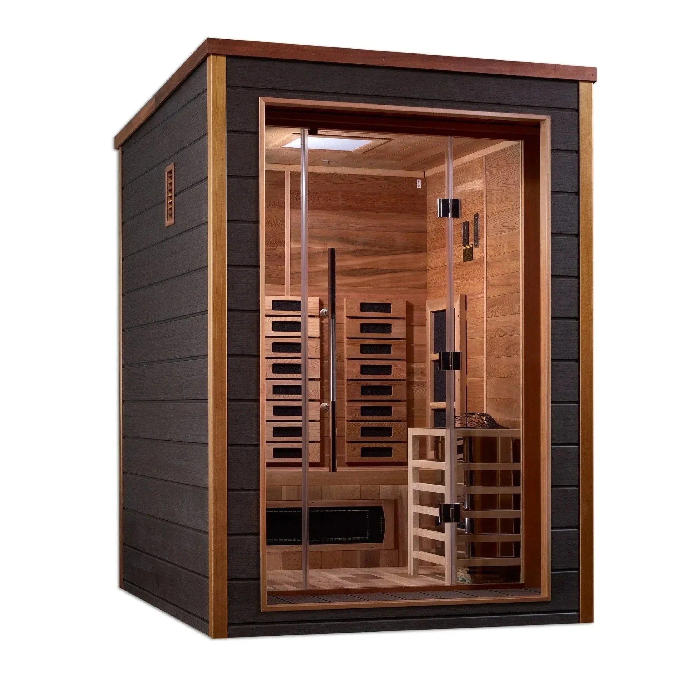 Golden Designs Nora GDI-8222-01 2-person hybrid outdoor sauna cabin featuring a compact all-weather exterior built for premium backyard wellness.