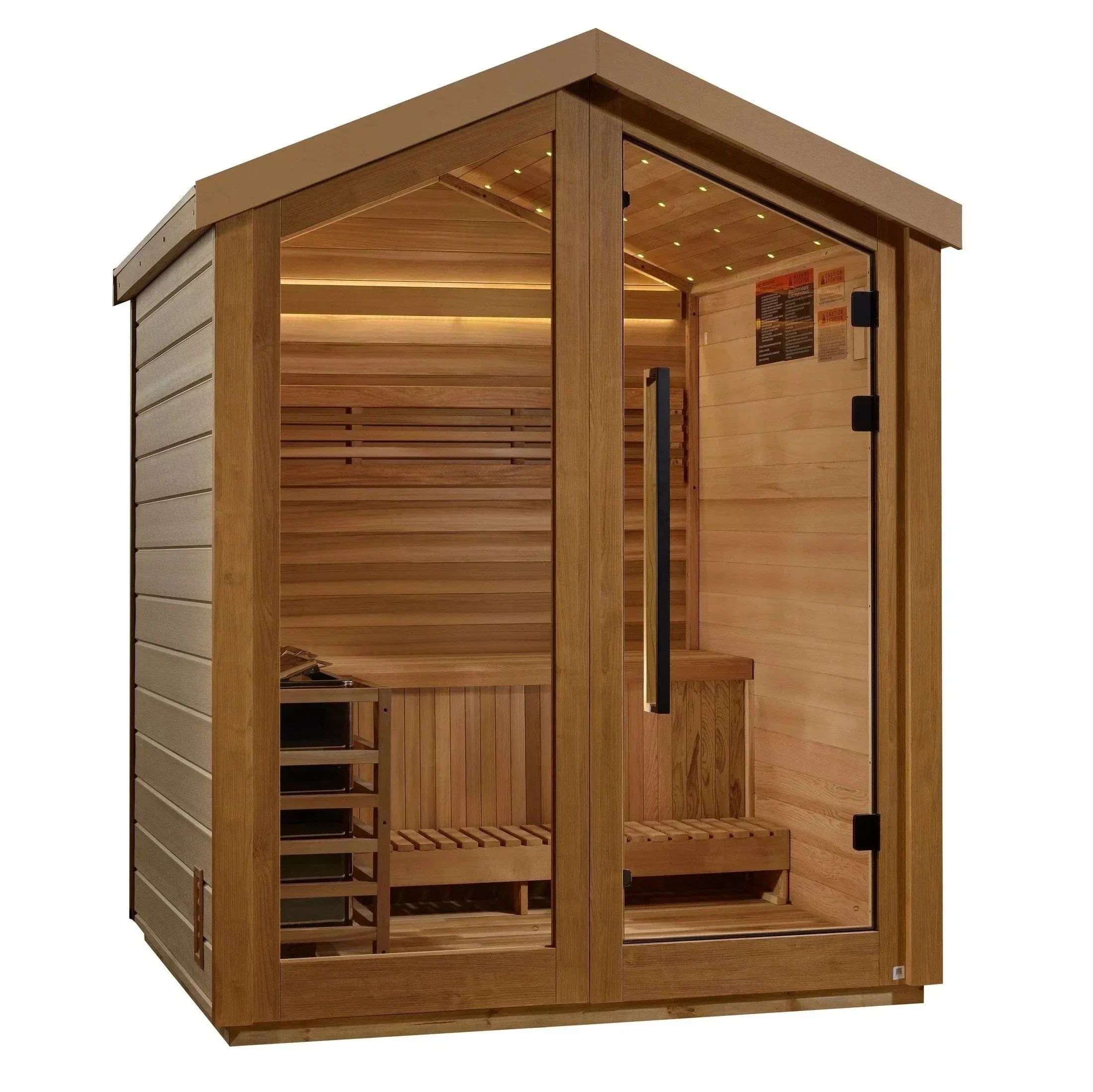 Golden Designs Savonlinna traditional outdoor home sauna built with premium aromatic Canadian Red Cedar wood.
