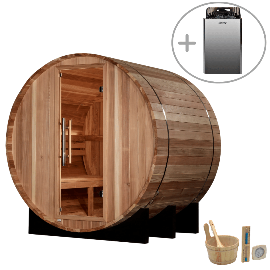 Outdoor home sauna barrel design by Golden Designs St. Moritz built for 2 people with premium Pacific Cedar structure