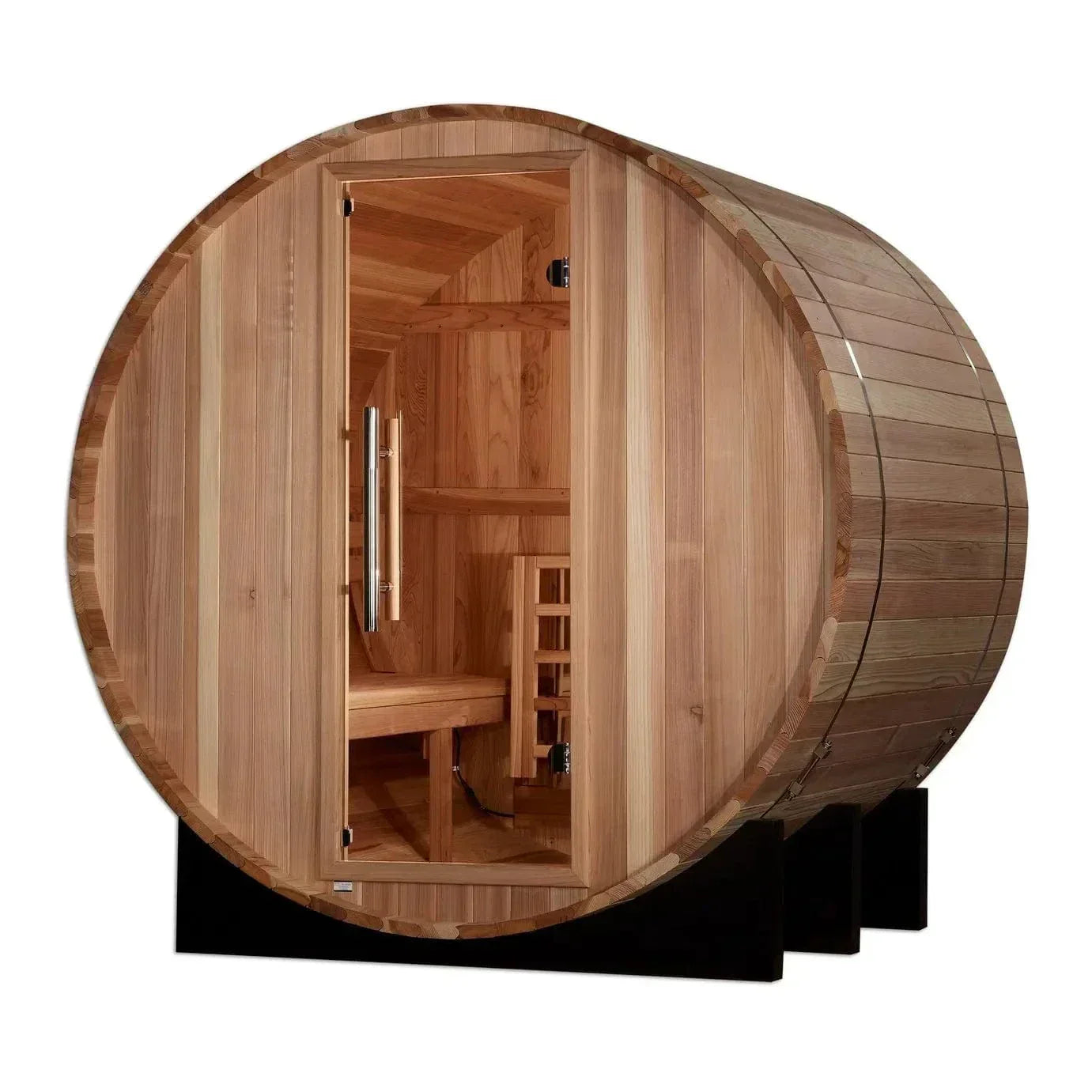 Golden Designs St. Moritz 2-Person Barrel Traditional Outdoor Sauna made from Pacific Cedar wood, designed for backyard spa relaxation and efficient heat performance