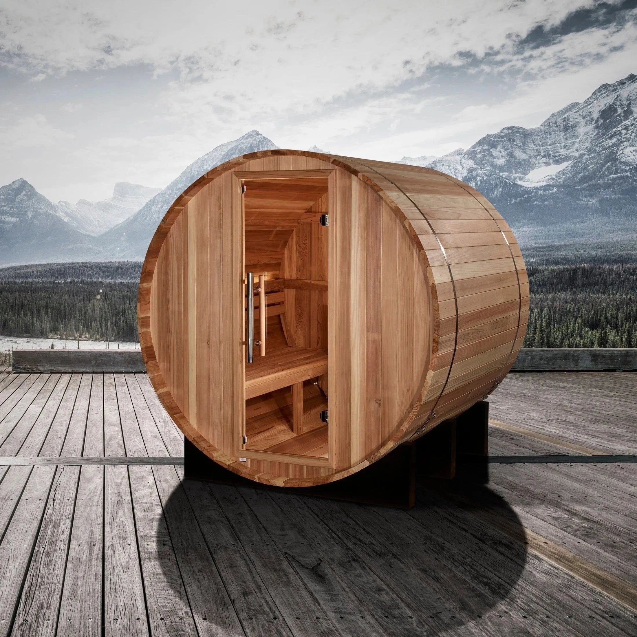 St. Moritz 2-person sauna cabin by Golden Designs designed in barrel shape using premium Pacific Cedar for outdoor spa use