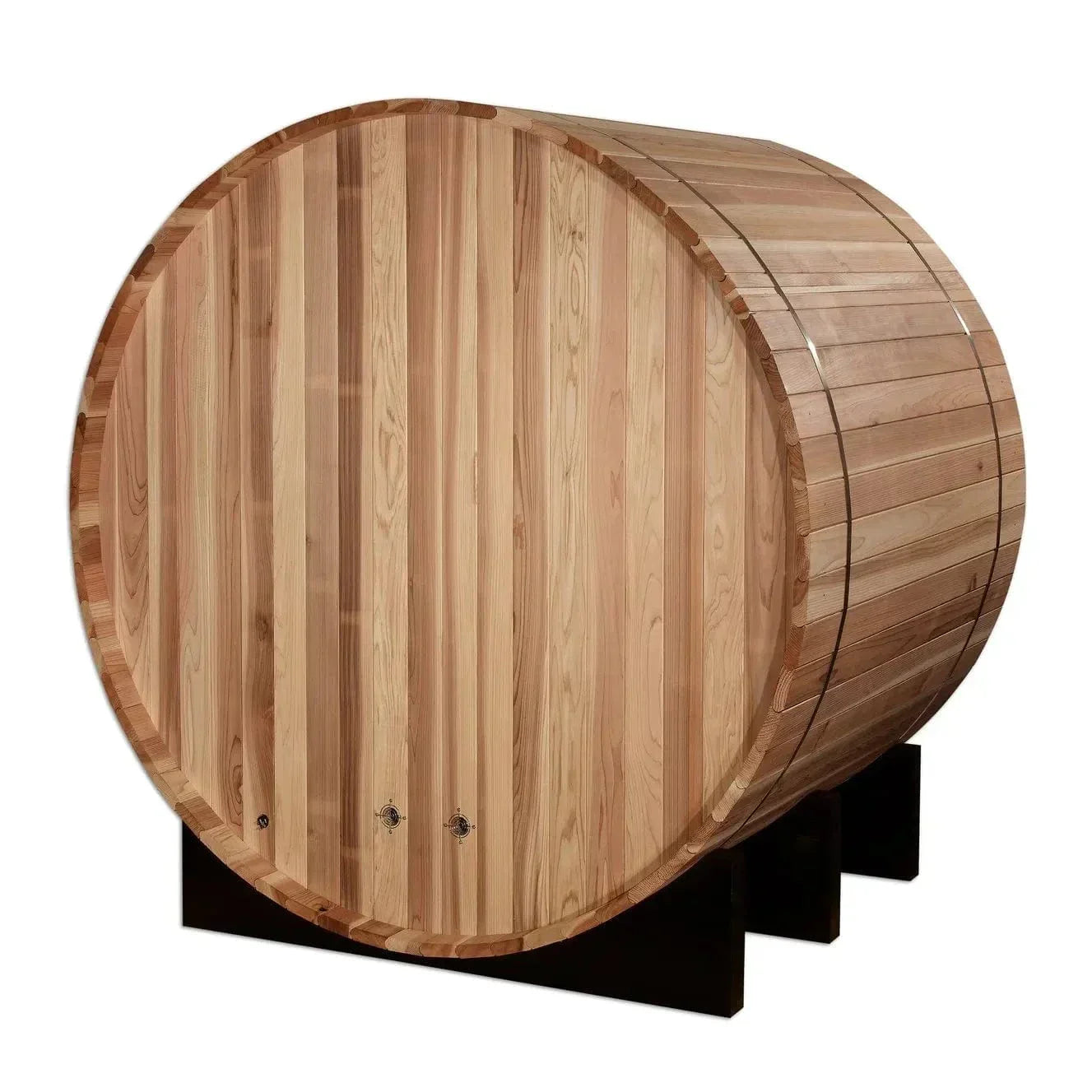 Golden Designs St. Moritz 2-person outdoor barrel sauna crafted from Pacific Cedar for private backyard wellness and heat therapy