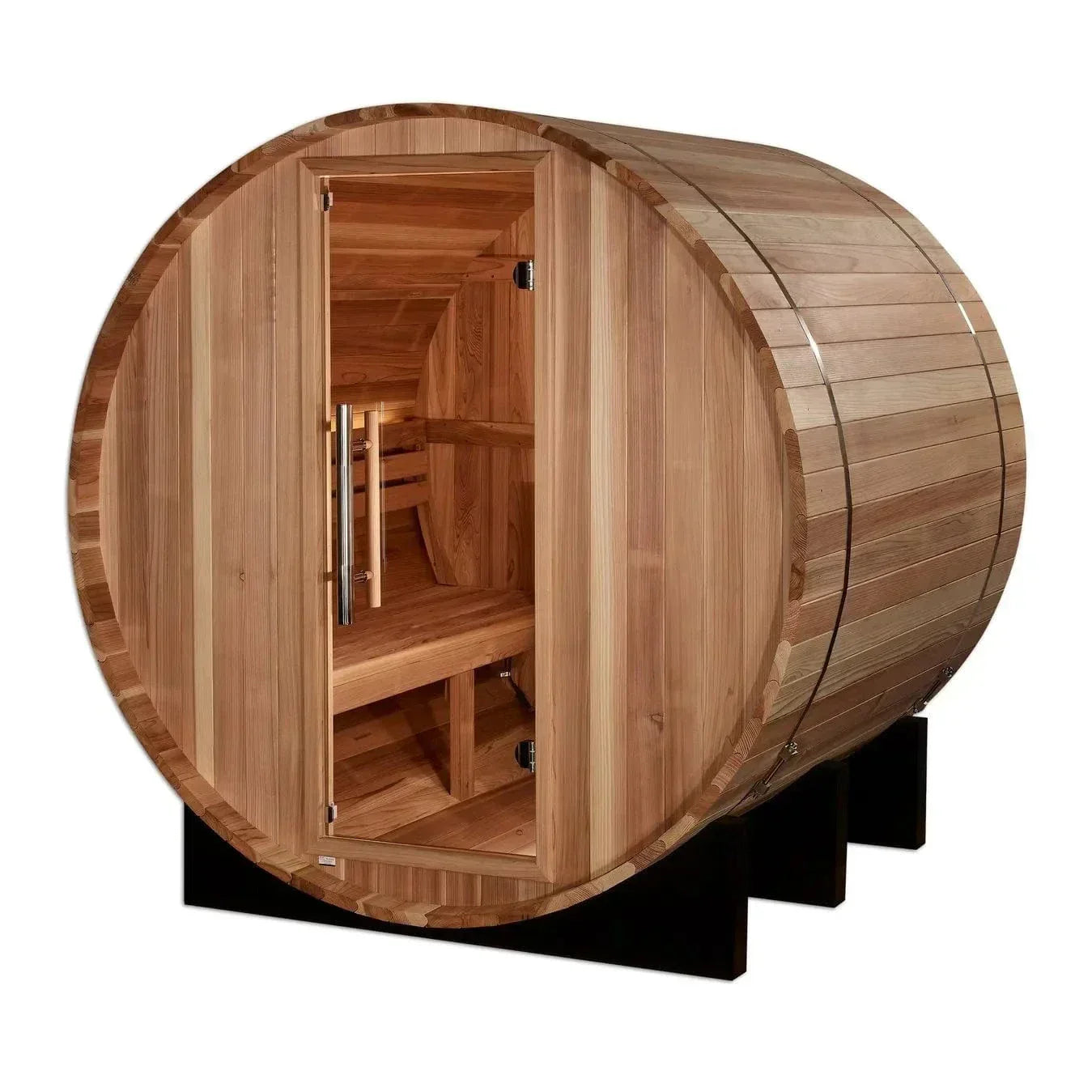 Outdoor wooden barrel sauna St. Moritz by Golden Designs for 2 persons, made with Pacific Cedar and designed for home relaxation