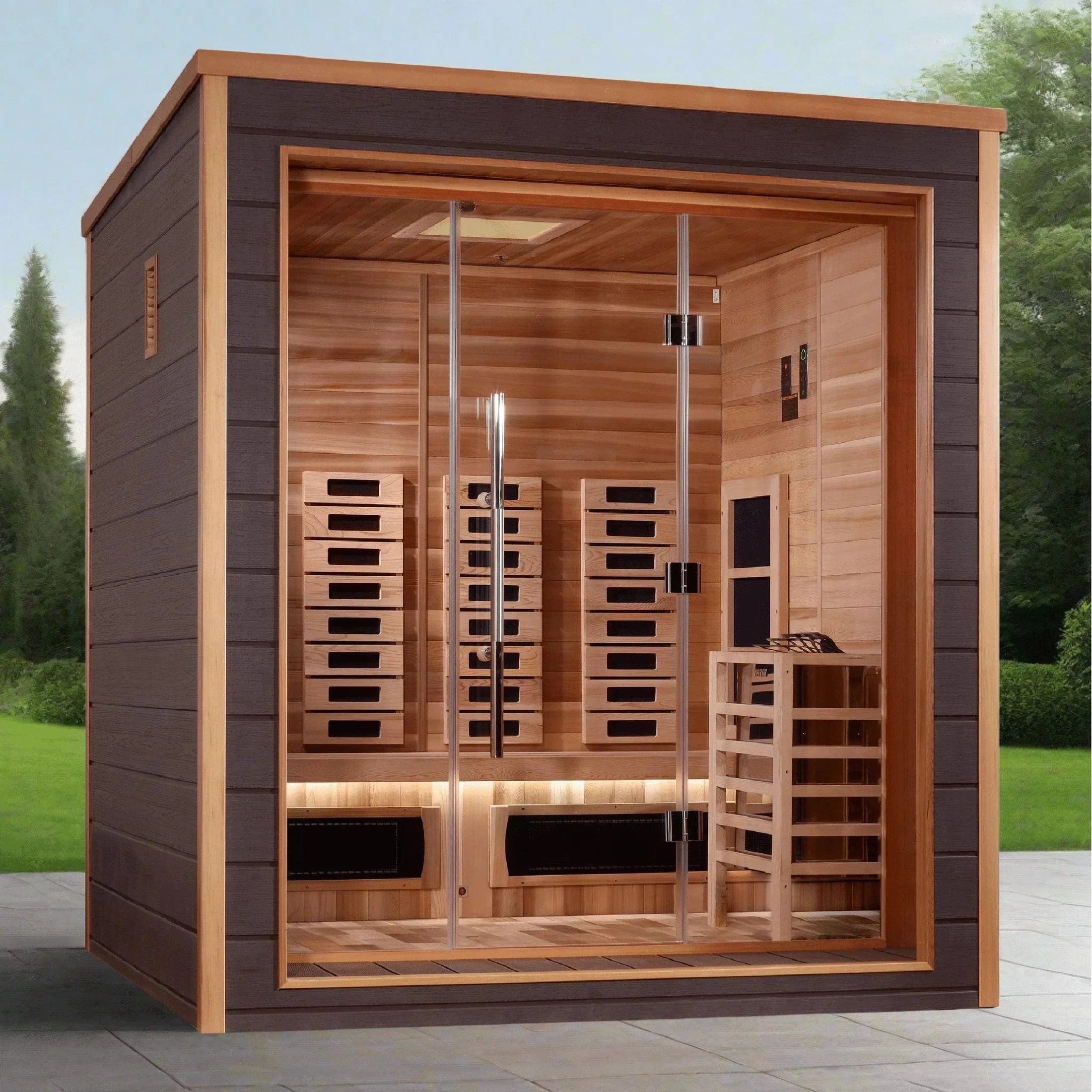 Golden Designs Visby outdoor sauna 3 person hybrid full spectrum infrared sauna with red cedar interior