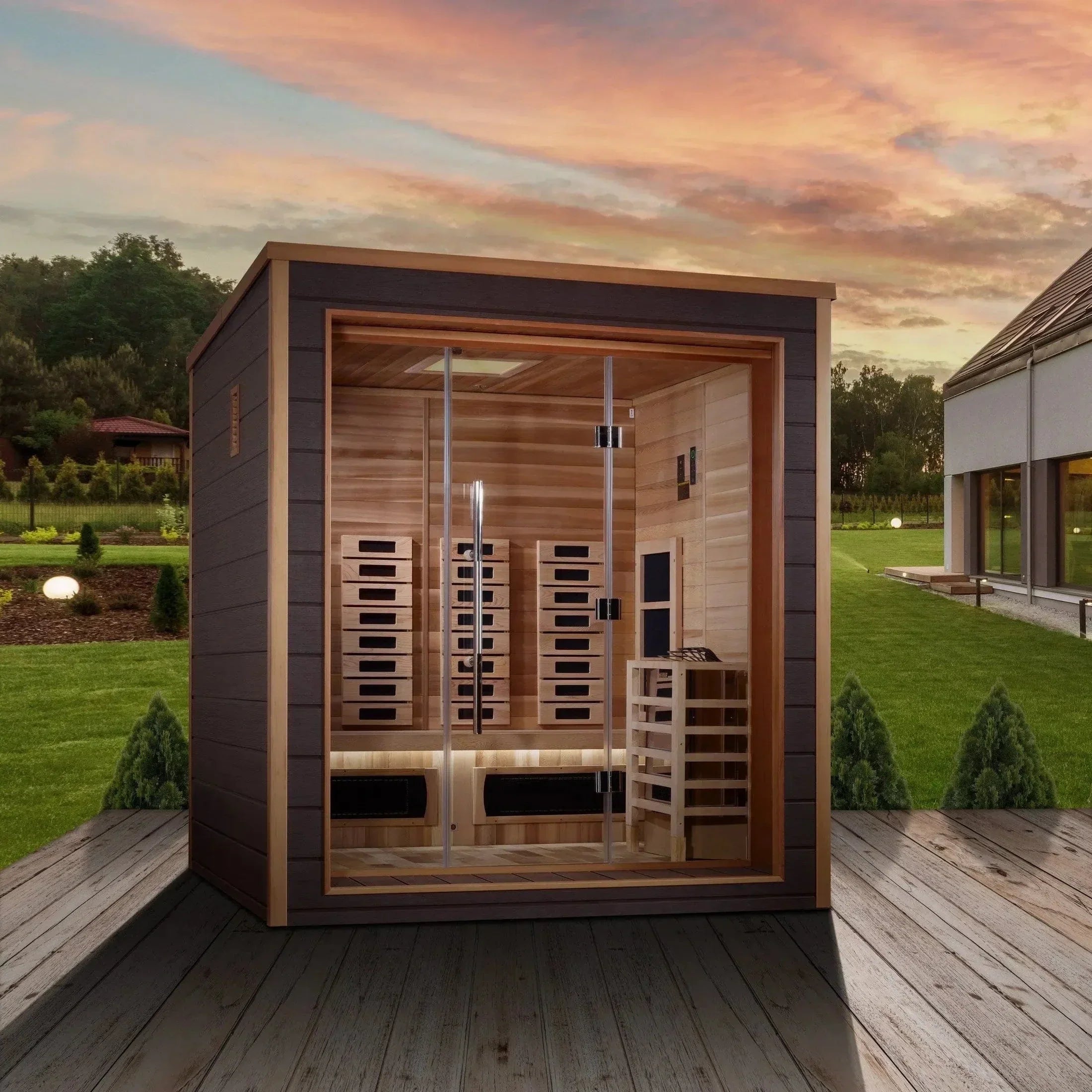 Premium 3 person hybrid outdoor sauna Visby GDI-8223-01 with dual heating system and luxury cedar wood design