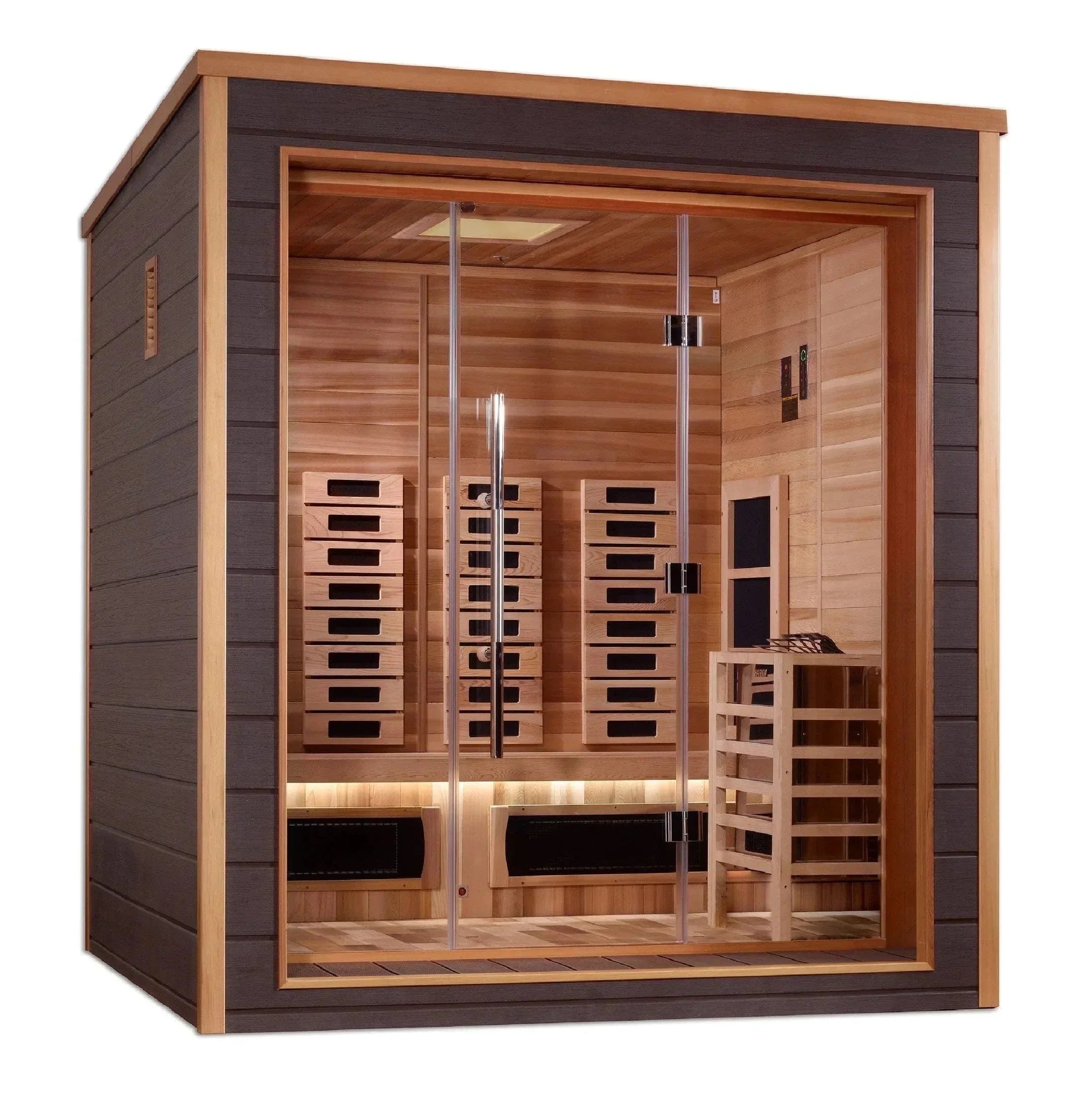 Golden Designs Visby 3 Person Hybrid Outdoor Sauna with full spectrum infrared and traditional heating, Canadian red cedar interior, premium outdoor wellness sauna for home spa relaxation