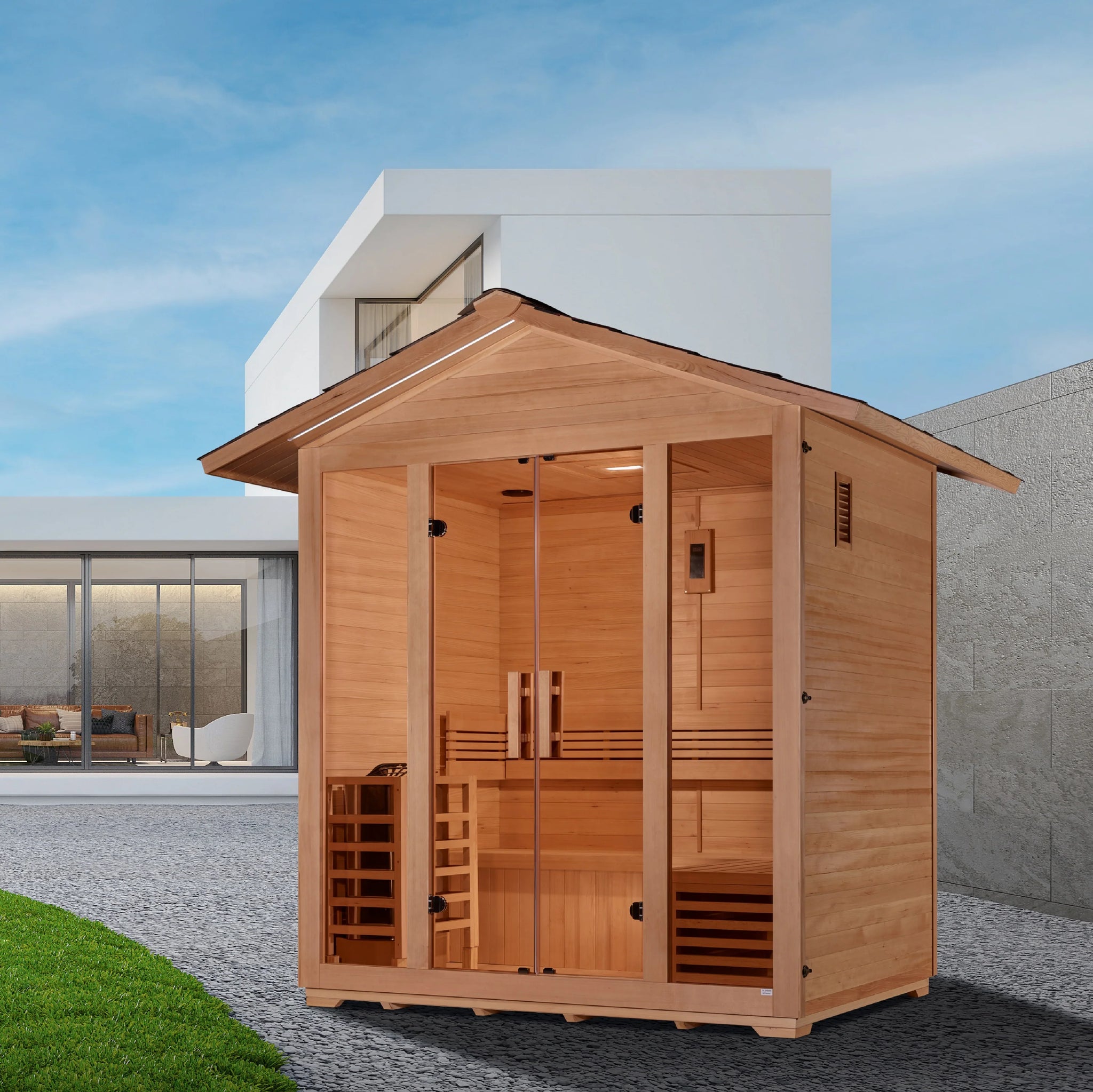 Backyard outdoor sauna cabin Golden Designs Vorarlberg for 5 people featuring classic traditional heat therapy design