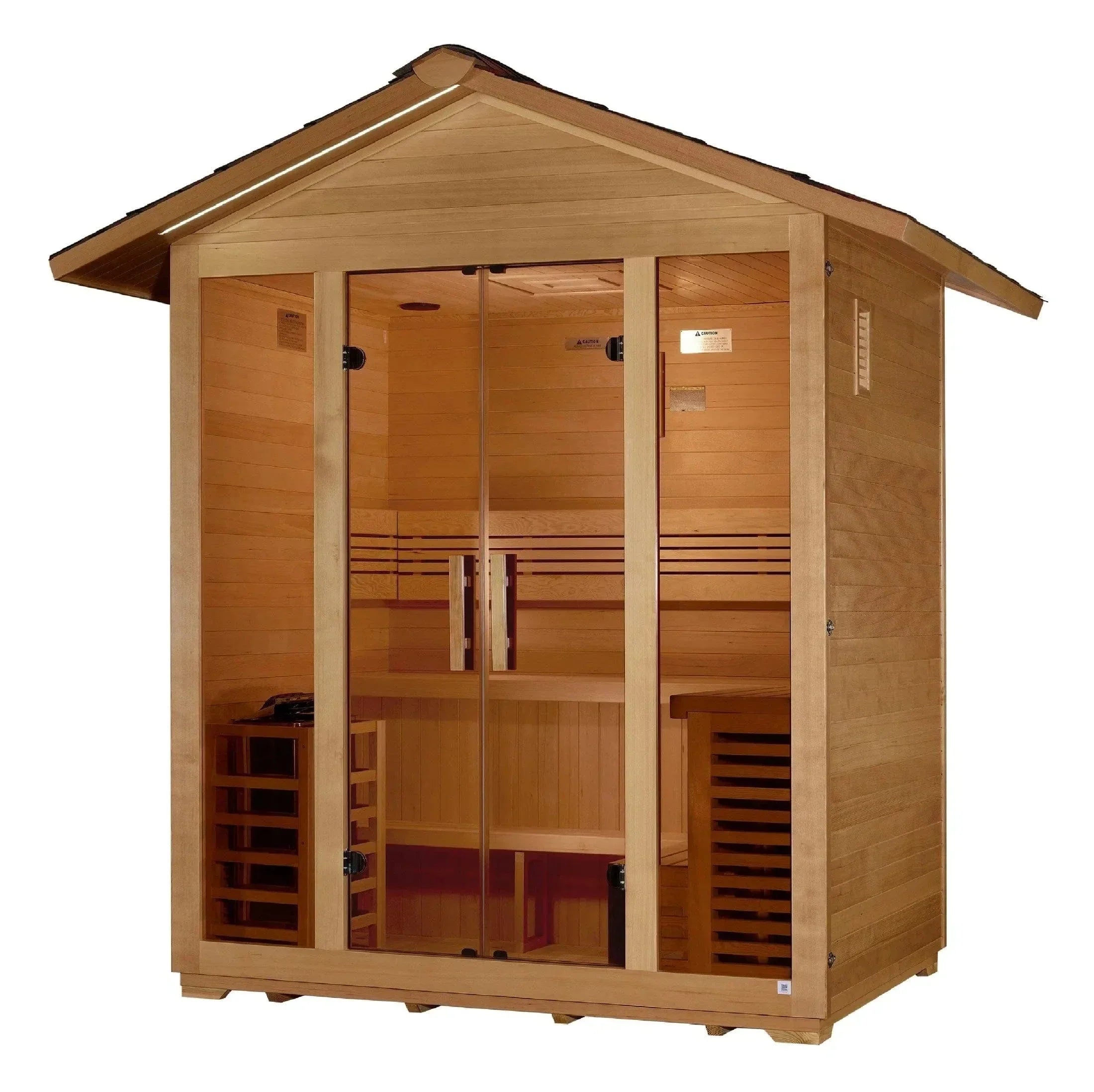 Close-up of the traditional stove heater with authentic sauna rocks engineered to reach a 190-degree maximum heat capacity inside the Vorarlberg sauna.
