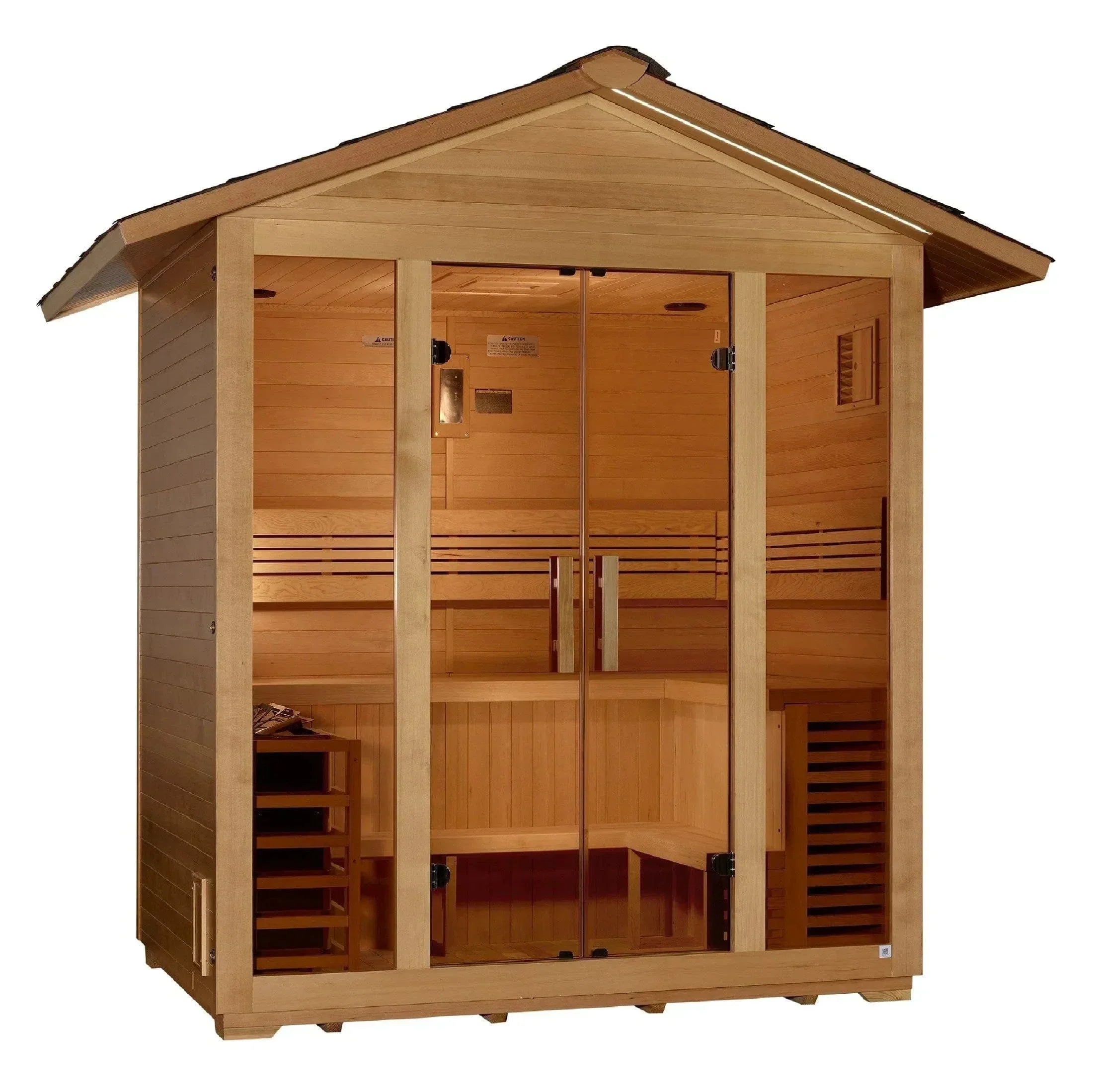 GDI-8105-01 Golden Designs Vorarlberg 5-person traditional outdoor sauna cabin featuring a waterproof stained Canadian Hemlock exterior frame for backyard wellness.
