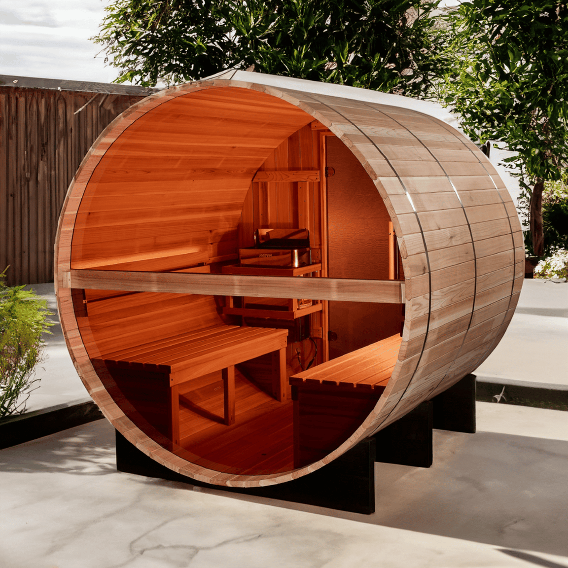 Golden Designs Zurich outdoor traditional sauna with barrel-style construction, quality wood materials, and relaxing home spa comfort.