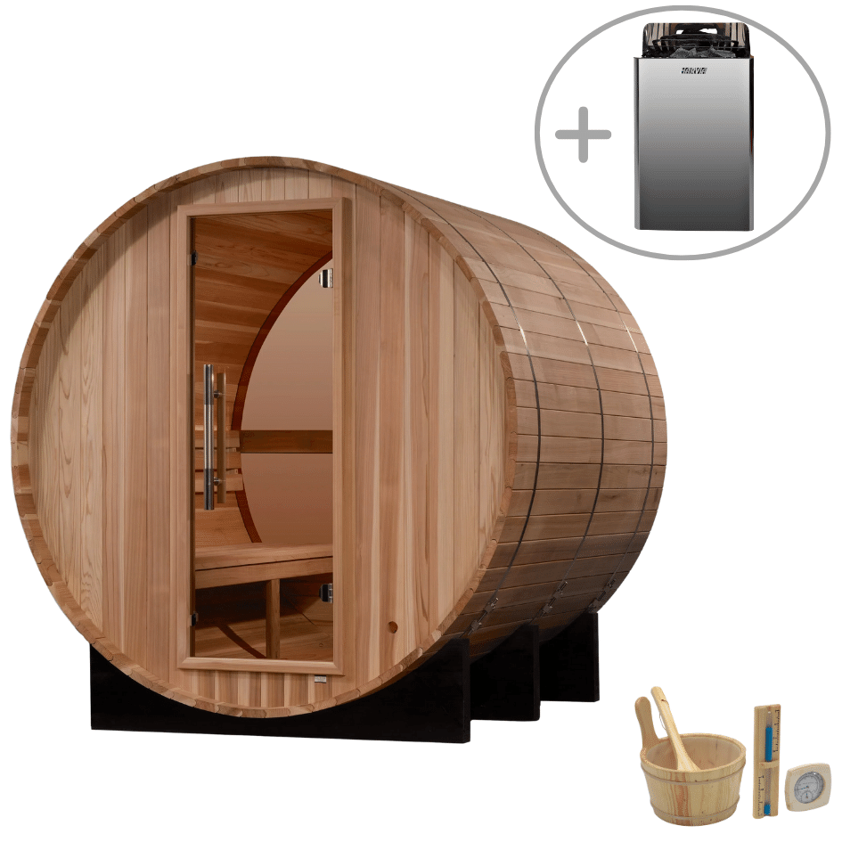 Outdoor Golden Designs Zurich 4 Person sauna with natural wood finish, barrel-shaped architecture, and authentic heat therapy experience.