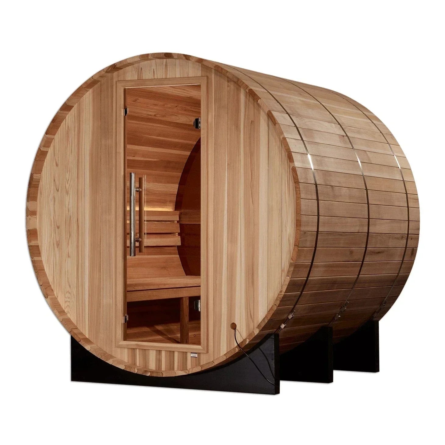 Golden Designs Zurich GDI-B024-01 4-person traditional outdoor barrel sauna kit made from natural Pacific Premium Cedar wood.