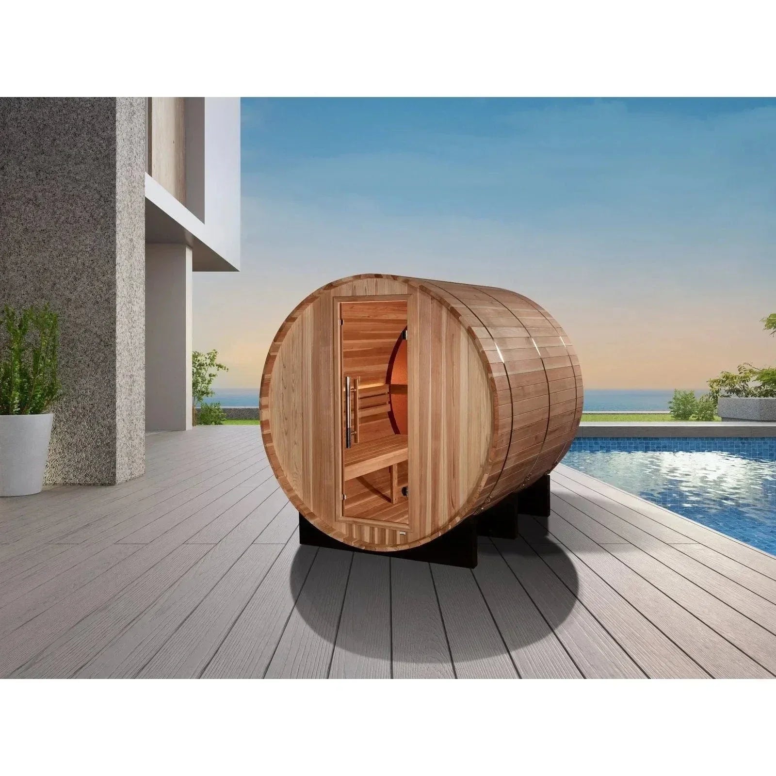 Elegant Golden Designs Zurich traditional barrel sauna offering comfortable seating for four and a stylish backyard retreat.