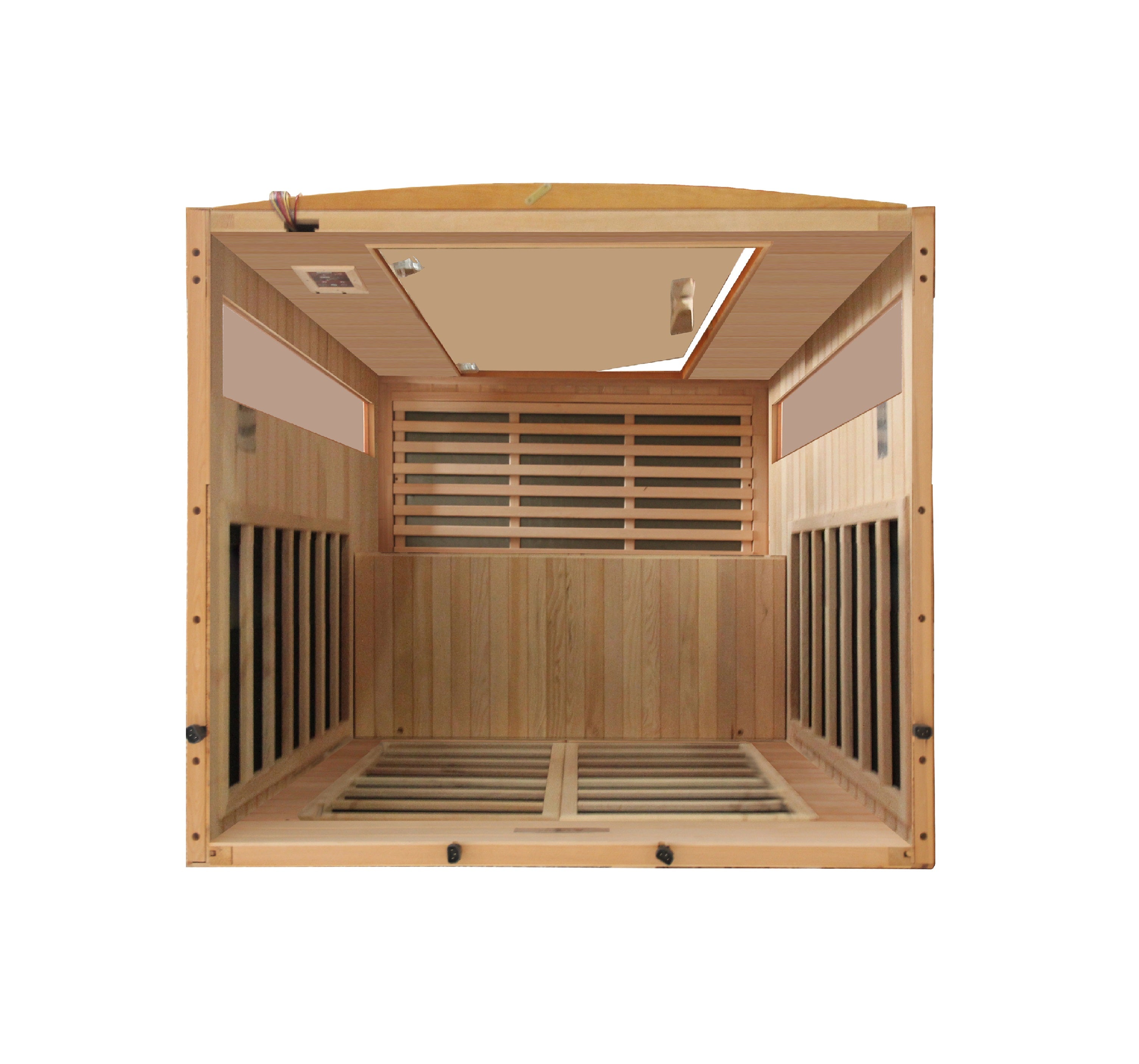 Dynamic Versailles infrared sauna for two people made with Canadian Hemlock wood, designed for deep heat therapy and modern home wellness comfort.