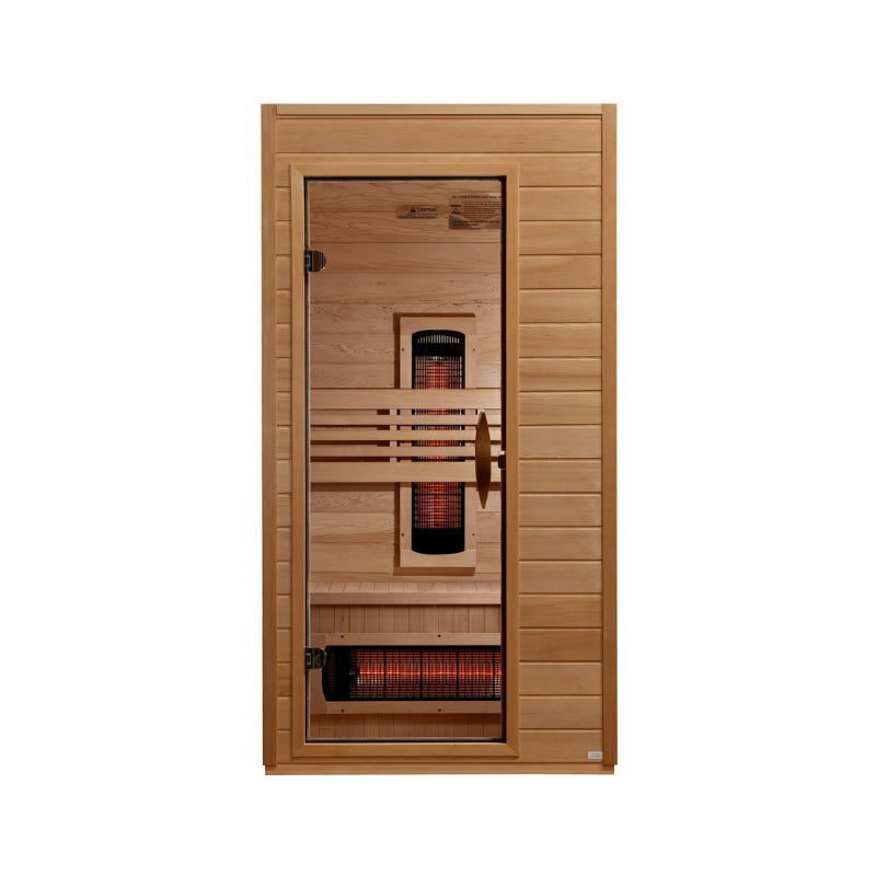 Dynamic Martin 1-2 Person Full Spectrum Near Zero EMF FAR Infrared Sauna DYN-6006-03 FS showcase view in a wellness room.