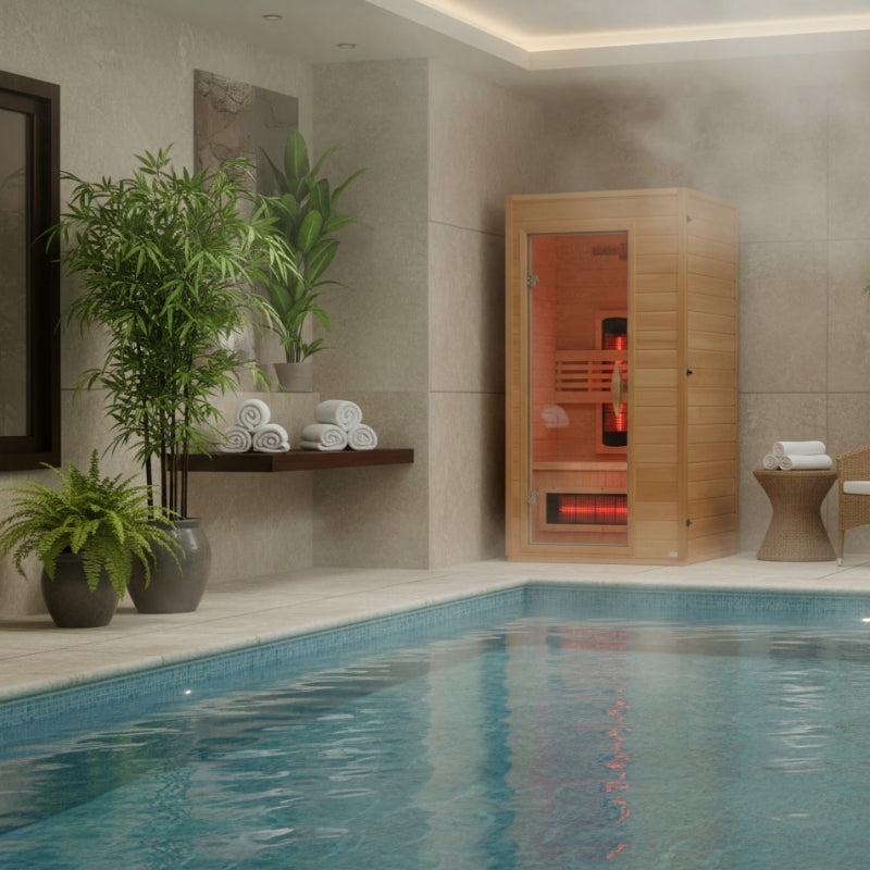 Compact Dynamic Martin DYN-6006-03 FS Infrared Sauna with near zero EMF carbon heaters, chromotherapy lighting, and Bluetooth audio system for relaxation