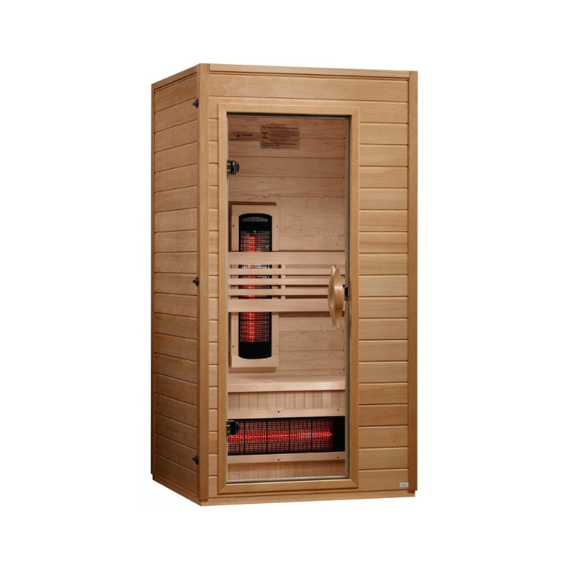 Dynamic Martin DYN-6006-03 FS 1–2 Person Full Spectrum Near Zero EMF Far Infrared Sauna with Canadian Hemlock wood, chromotherapy lighting, Bluetooth audio, and compact indoor home wellness design