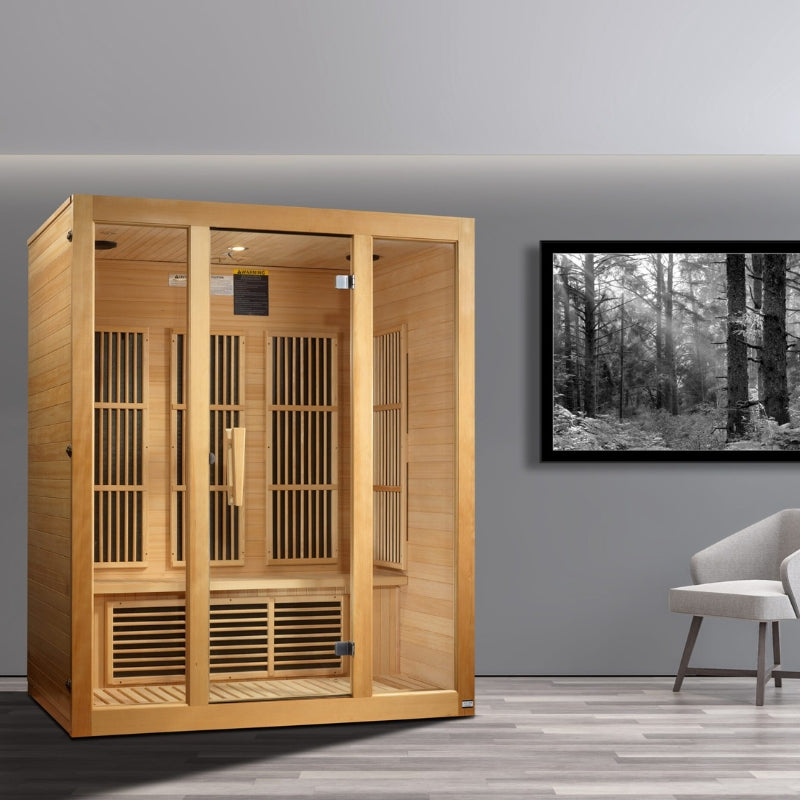 Maxxus Bellevue infrared sauna 3 person near zero EMF Canadian Hemlock indoor sauna for home spa detox and full body infrared heat therapy.