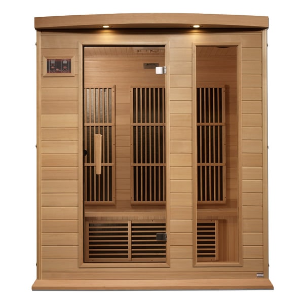 Spacious Maxxus 3-person FAR infrared sauna with low EMF heating, red light chromotherapy, and natural hemlock wood for home spa recovery