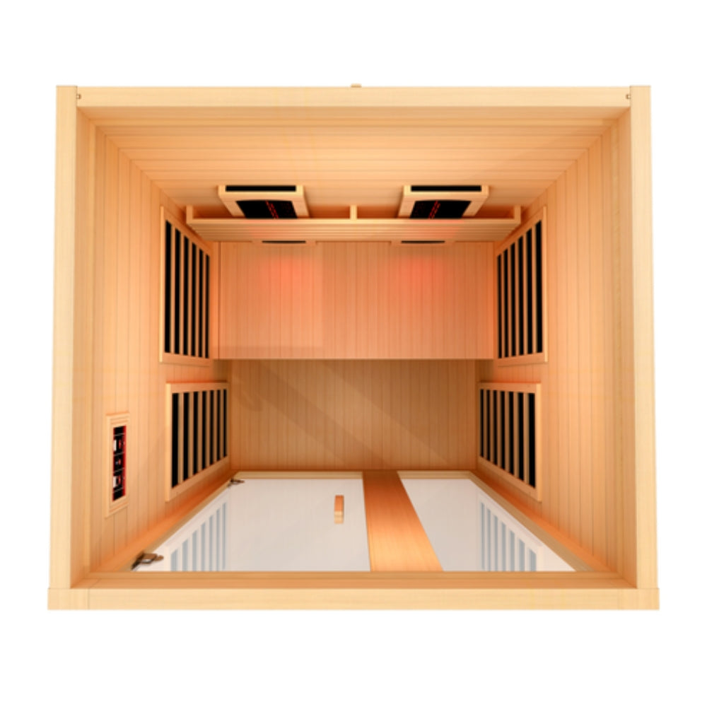 Compact 2-person infrared sauna Dynamic Serena with full spectrum heaters, Canadian Hemlock wood interior, and home spa wellness experience.