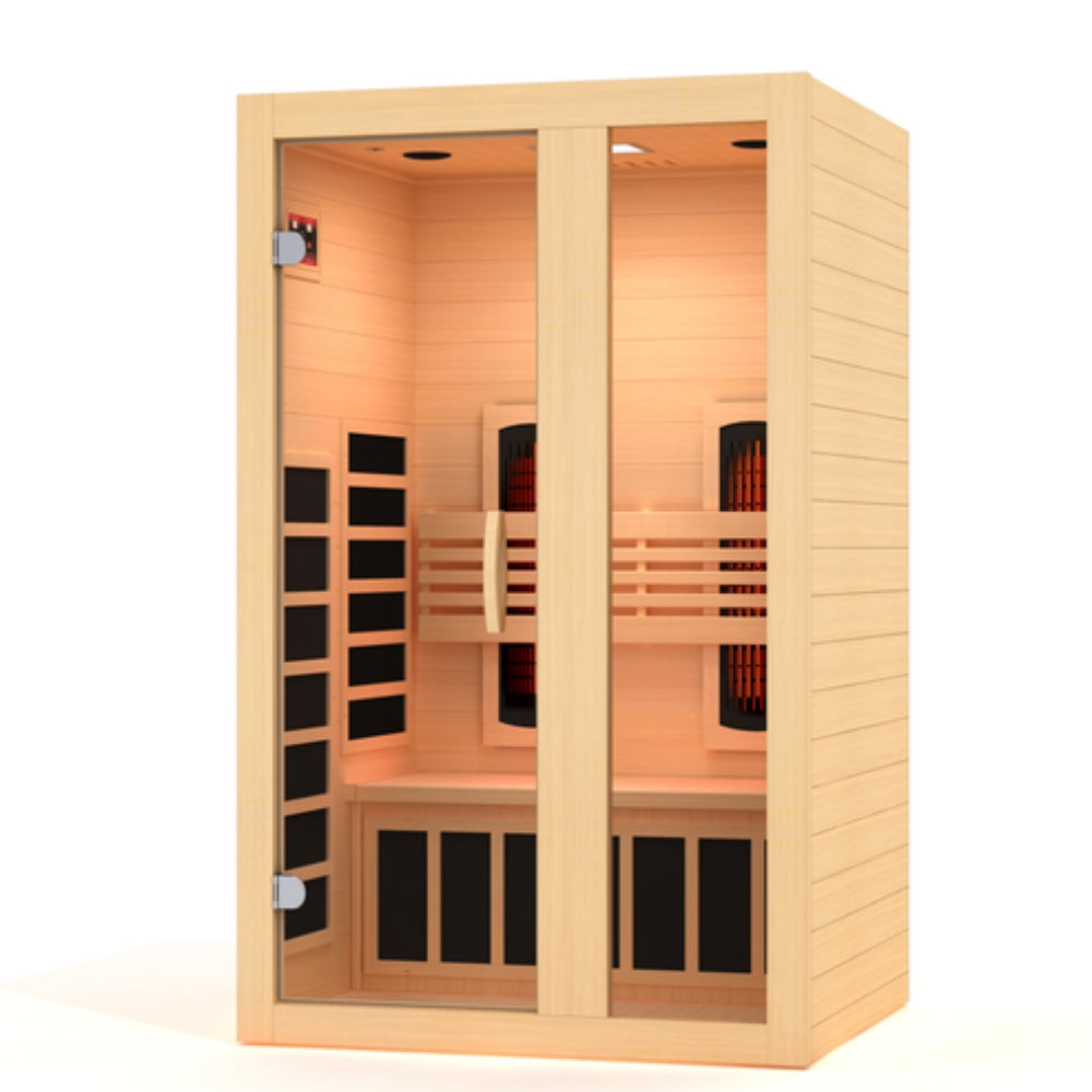 Relax in the Dynamic Serena 2-Person Full Spectrum Infrared Sauna. Beautiful Canadian Hemlock construction & advanced full spectrum heating.