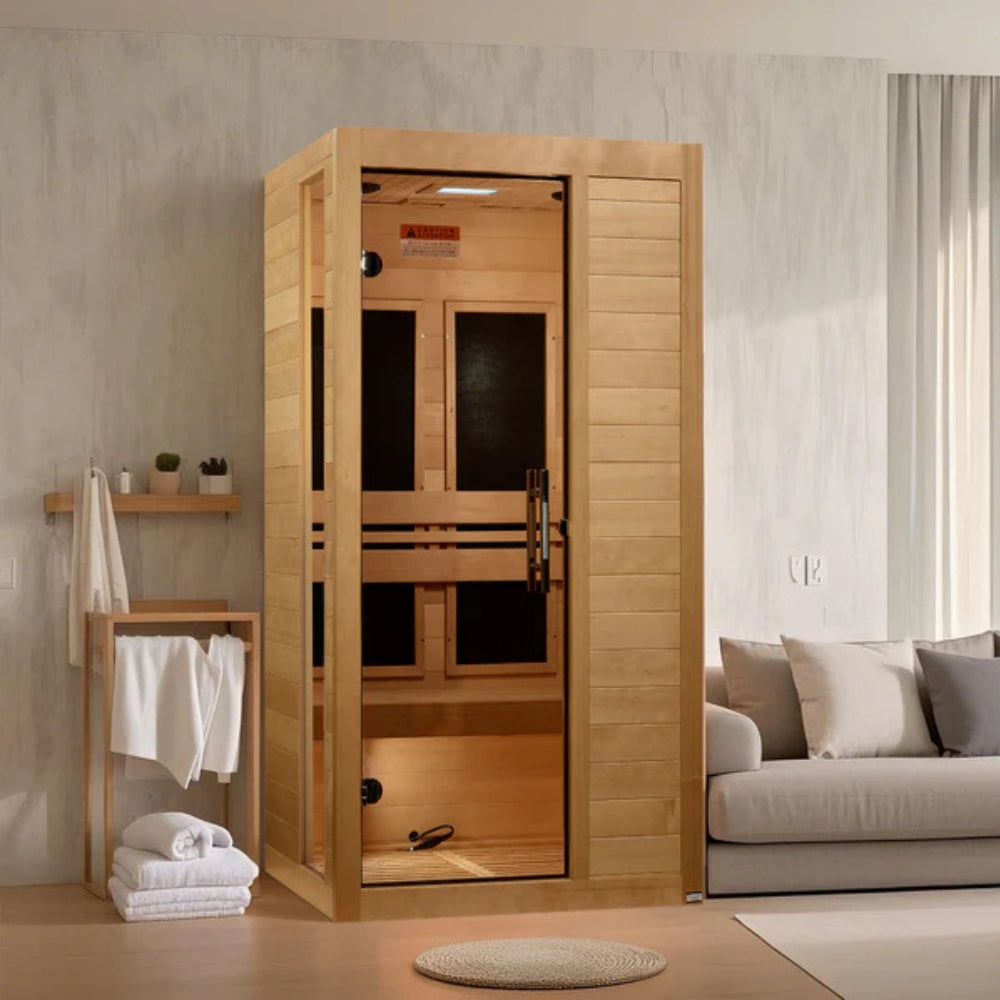 Dynamic Veneto infrared sauna cabin with space-saving design, Canadian Hemlock wood, and advanced FAR infrared heating for home use
