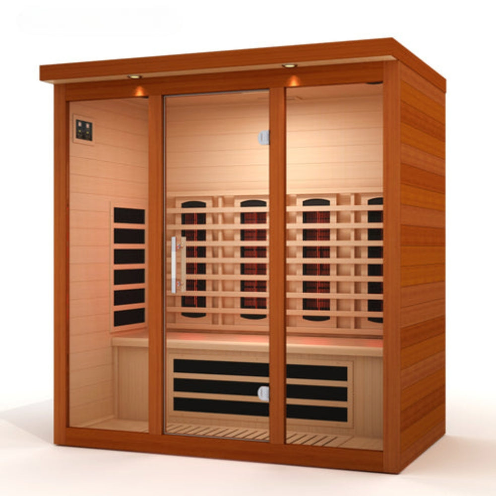 Discover luxury with the Dynamic Vila Grande 4-Person Full Spectrum Near Zero EMF Infrared Sauna DYN-6415-03 FS. Premium Canadian Hemlock wood.