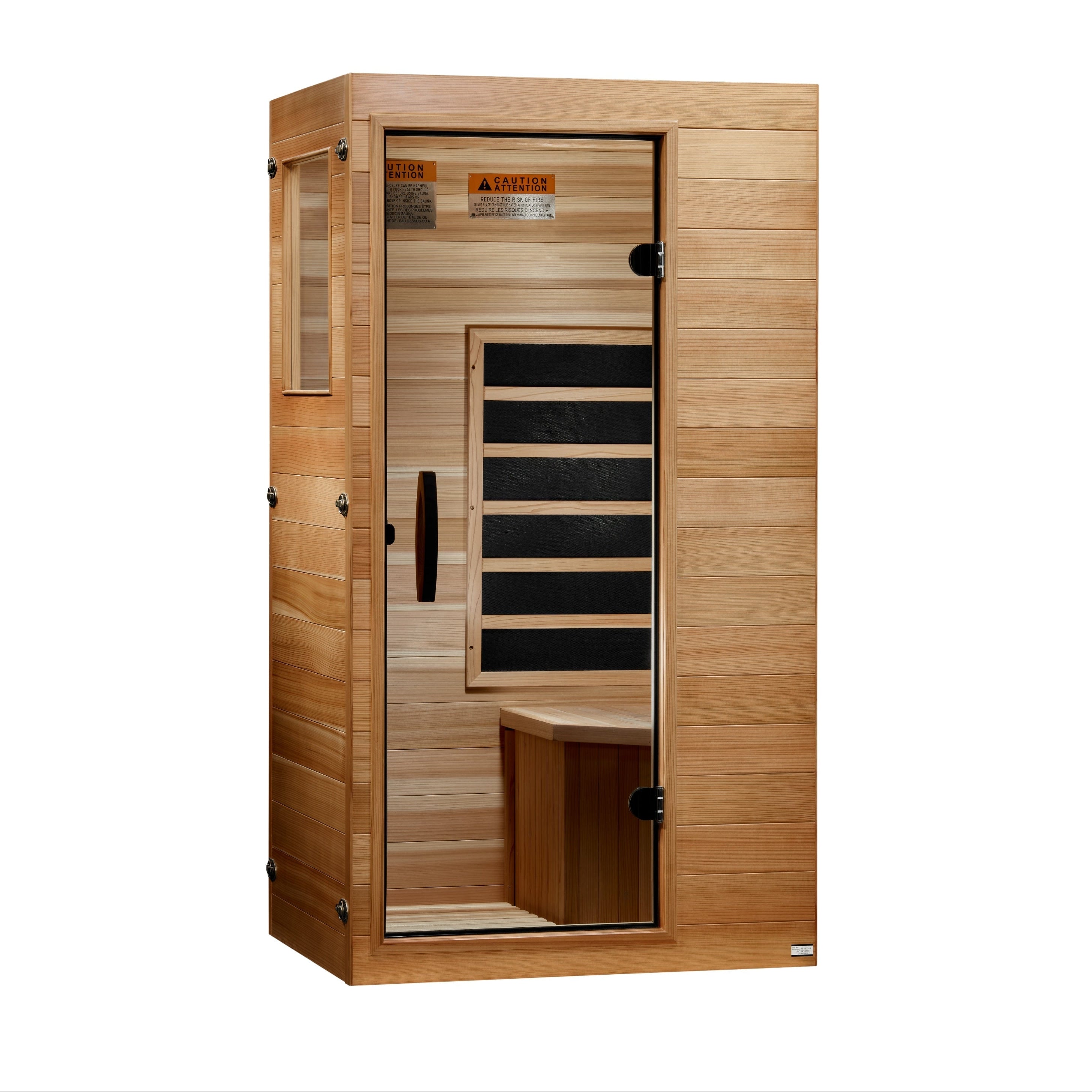 Dynamic New 2026 Model Sicily 1 Person Compact Ultra Low EMF FAR Infrared Sauna DYN-1101-01 Elite with premium cedar wood construction, space-saving design, Bluetooth audio system, chromotherapy lighting, and full-body infrared heat therapy for home wellness use.
