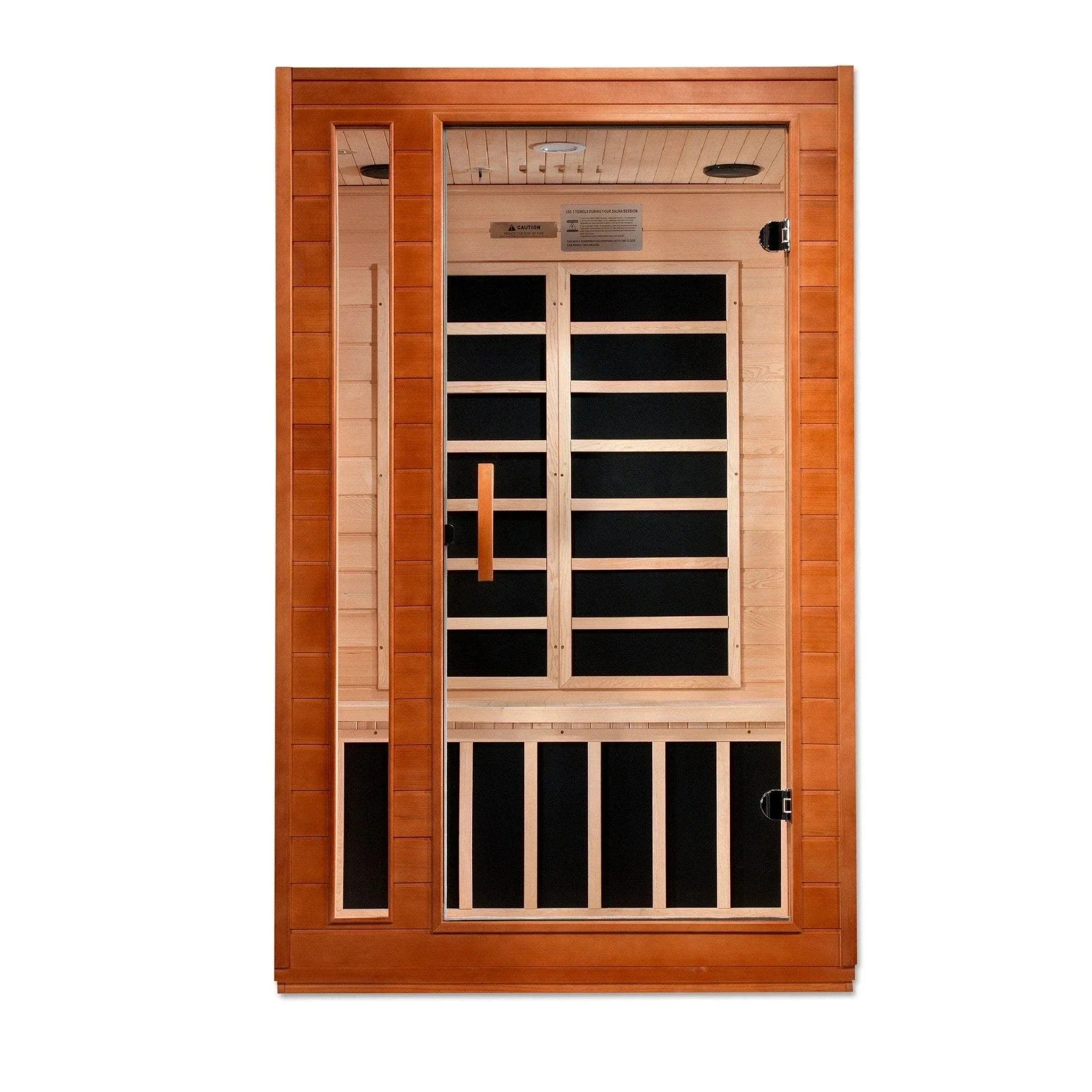 Dynamic Cordoba Elite 2 person infrared sauna Ultra Low EMF FAR infrared panels DYN-6203-01 Elite made from Canadian Hemlock wood for home spa and muscle recovery.