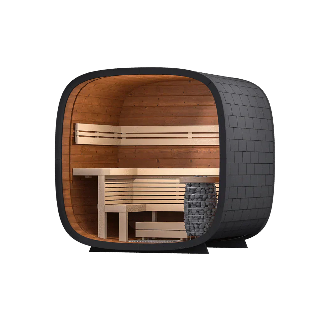 Modern Leil Backyard Round Cube Sauna for 4–5 Users, Premium Outdoor Nordic Sauna Cabin with Space-Saving Design