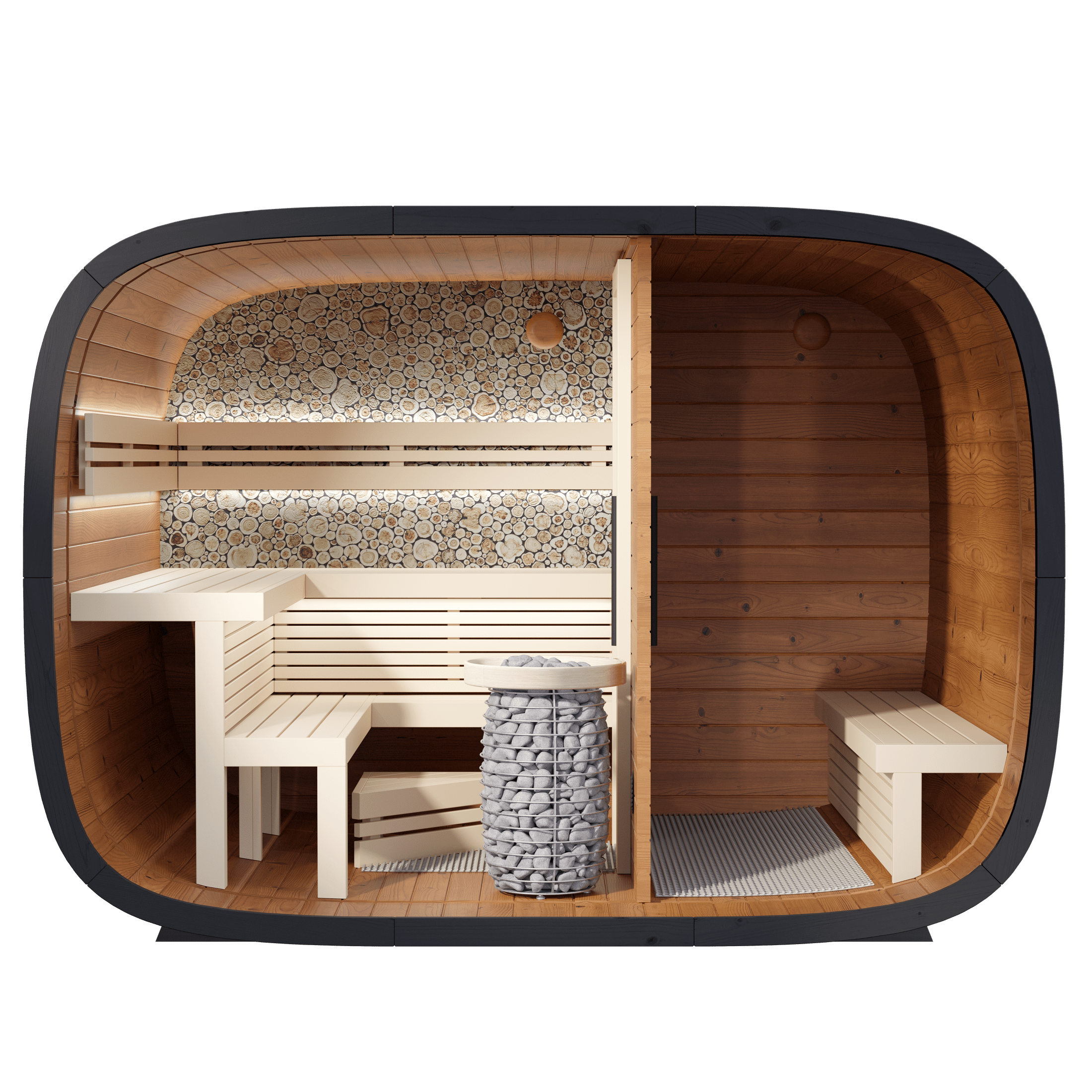Luxury Leil Round Cube Double outdoor sauna with changing room, 5–6 person ThermoWood handcrafted Estonian wellness cabin, award-winning Red Dot 2024 design