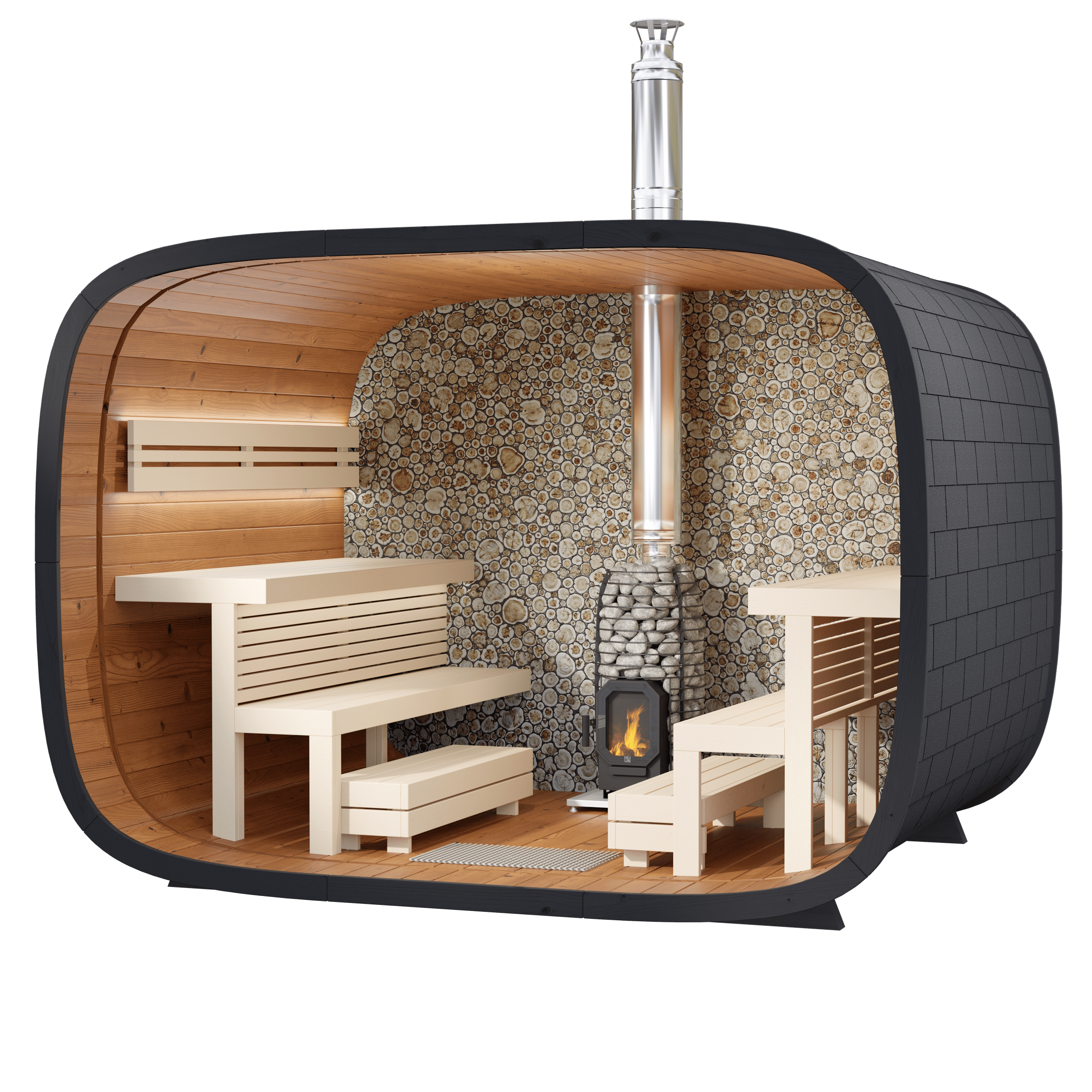 Premium 6-8 person outdoor sauna Leil Round Cube crafted from ThermoWood®, modern Nordic architecture, handcrafted Estonian backyard wellness sauna with Red Dot Award 2024