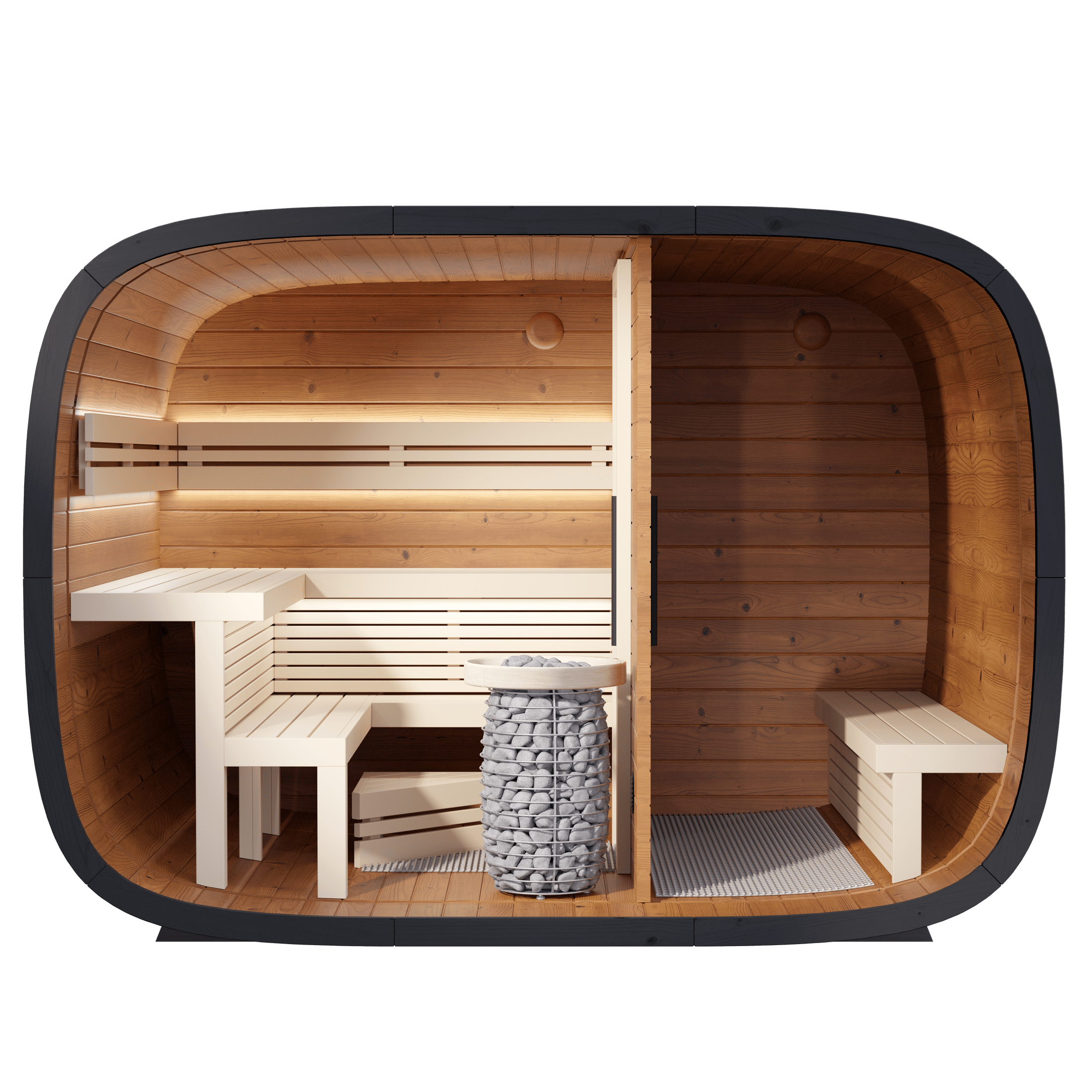 Outdoor 5–6 person sauna with changing room, Leil Round Cube Double ThermoWood sauna cabin, luxury handcrafted Estonian sauna, Red Dot Award 2024 design