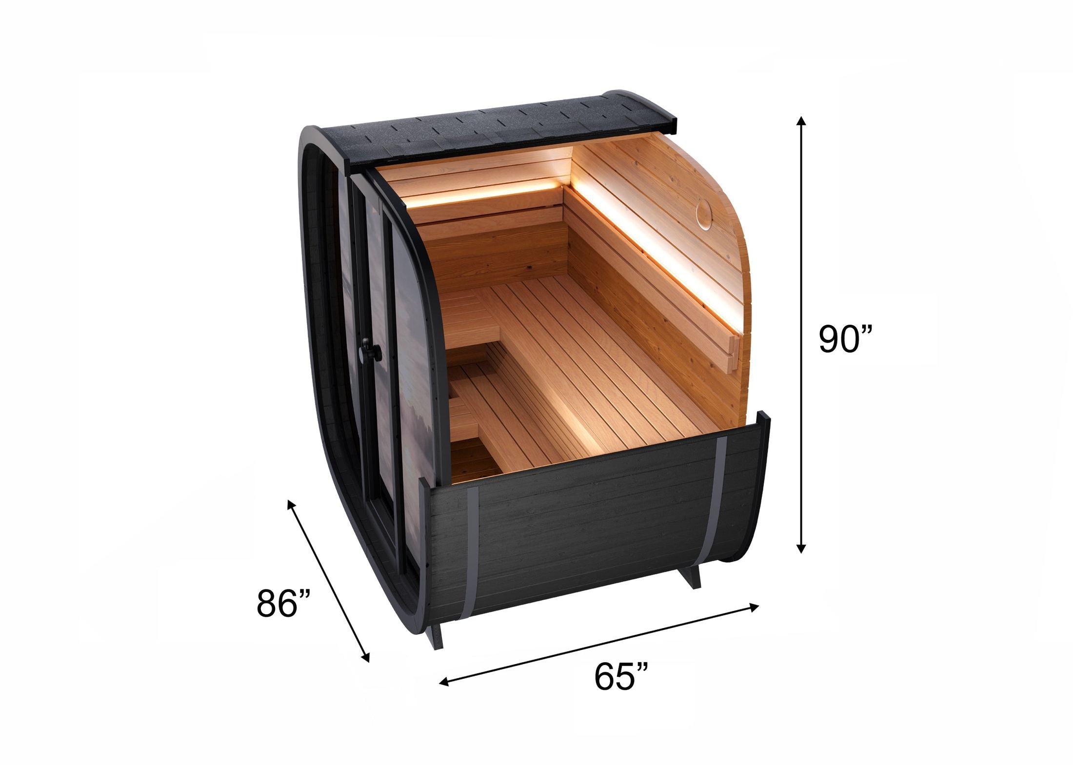 Leil Black Cube Classic luxury outdoor sauna with black Thermowood exterior, smoked glass front, and spacious alder wood interior for backyard wellness